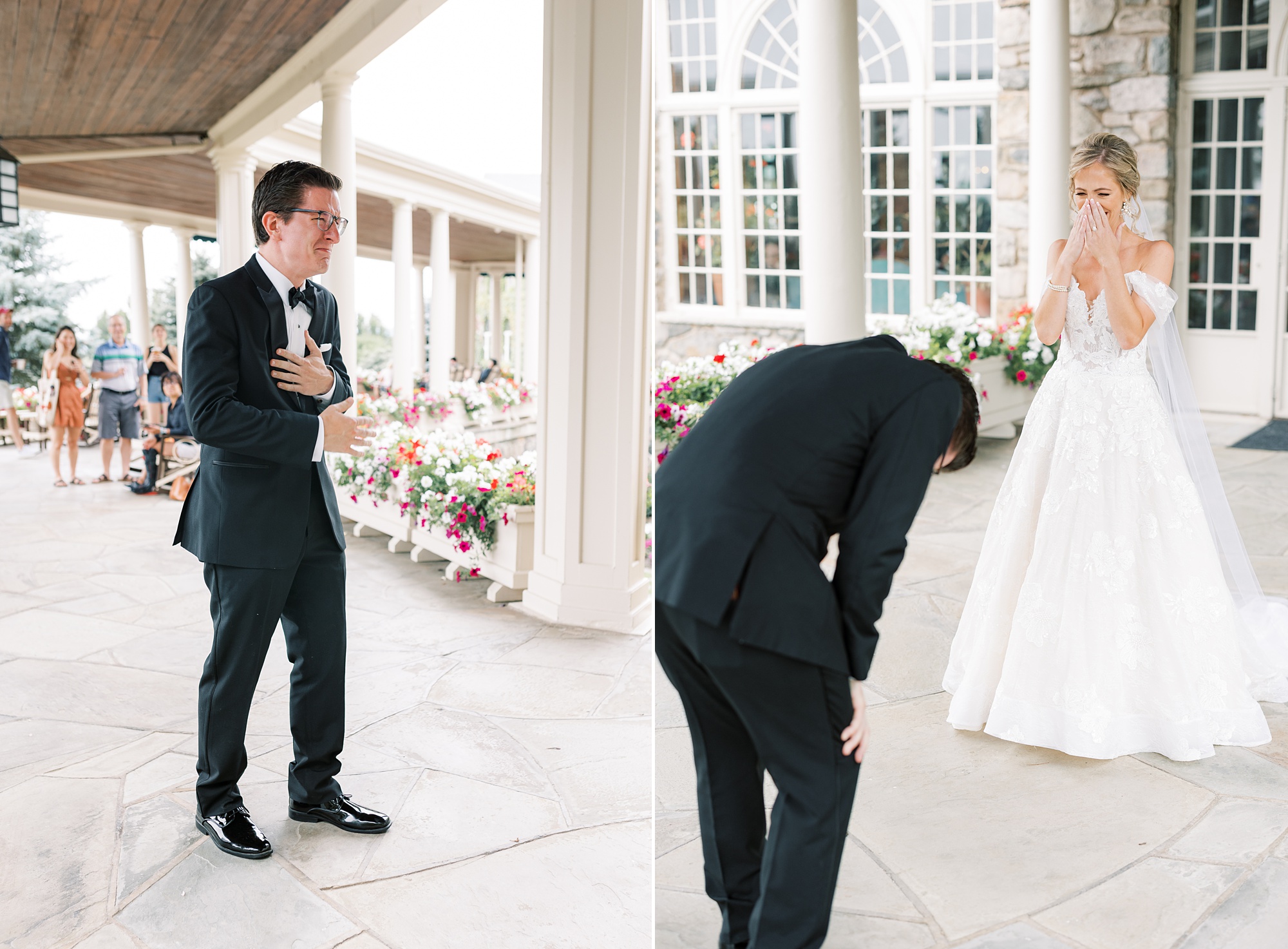 groom reacts to seeing bride in wedding dress