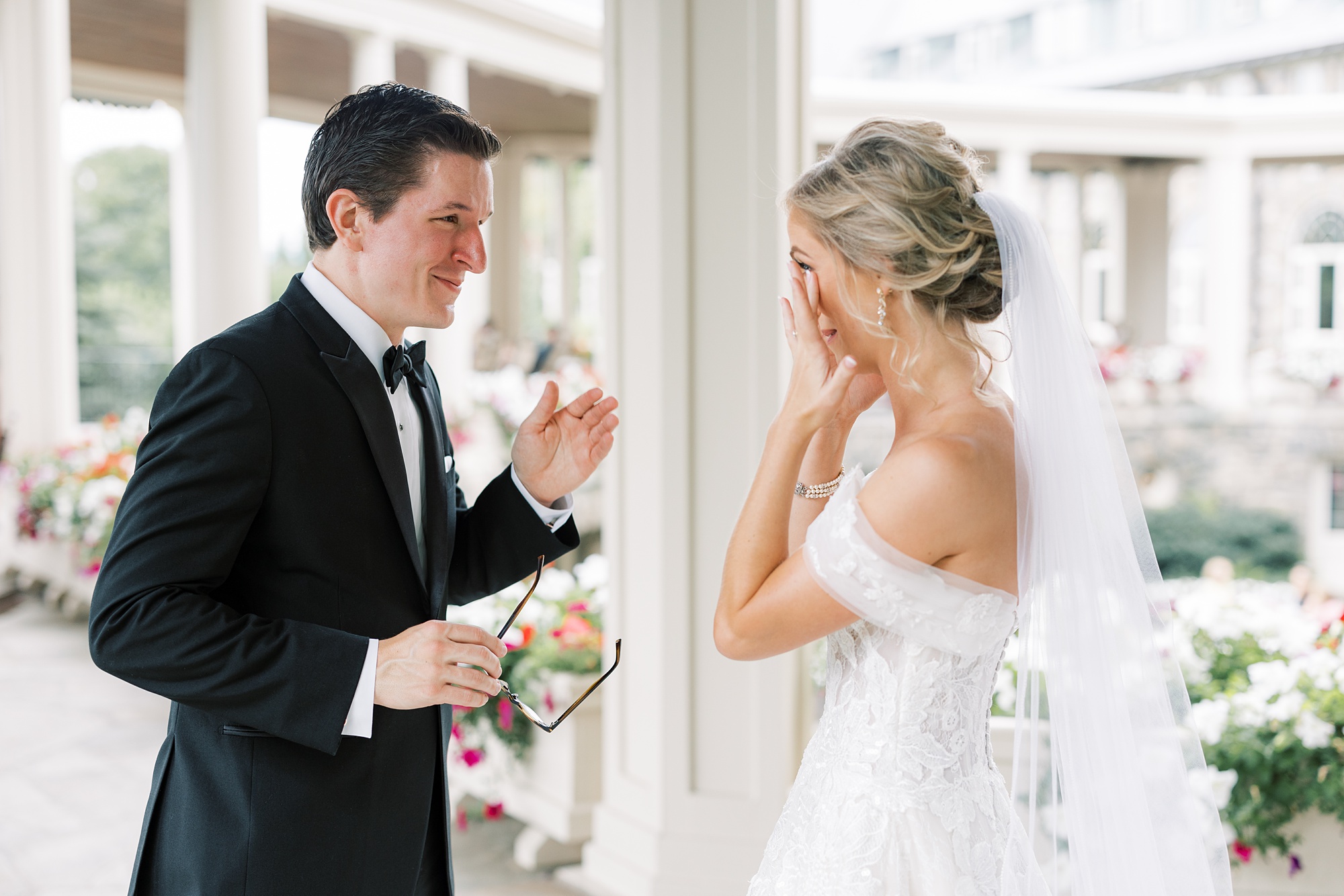 bride and groom cry during first look at Skytop Lodge