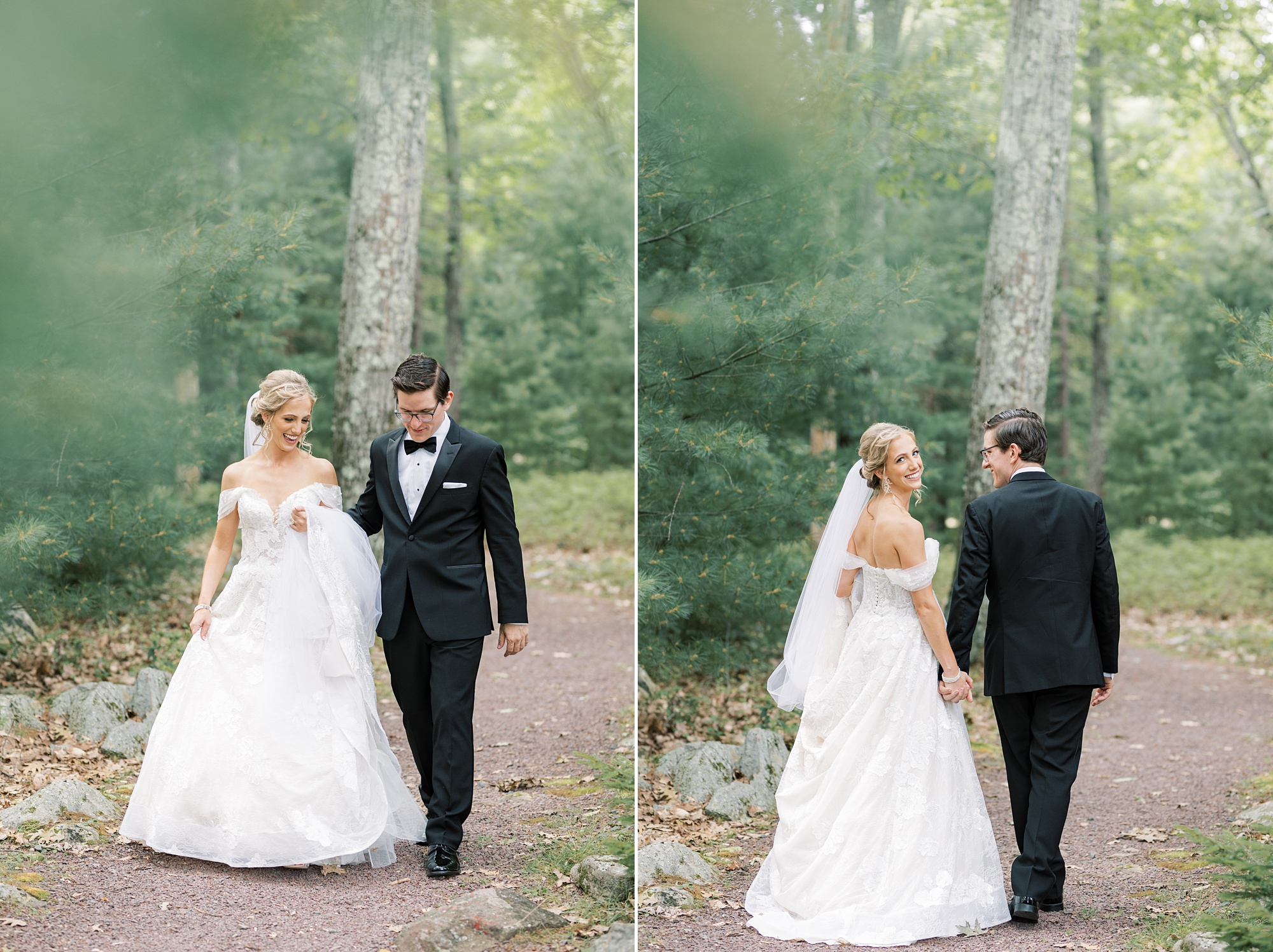 bride and groom walk on pathway at Skytop Lodge