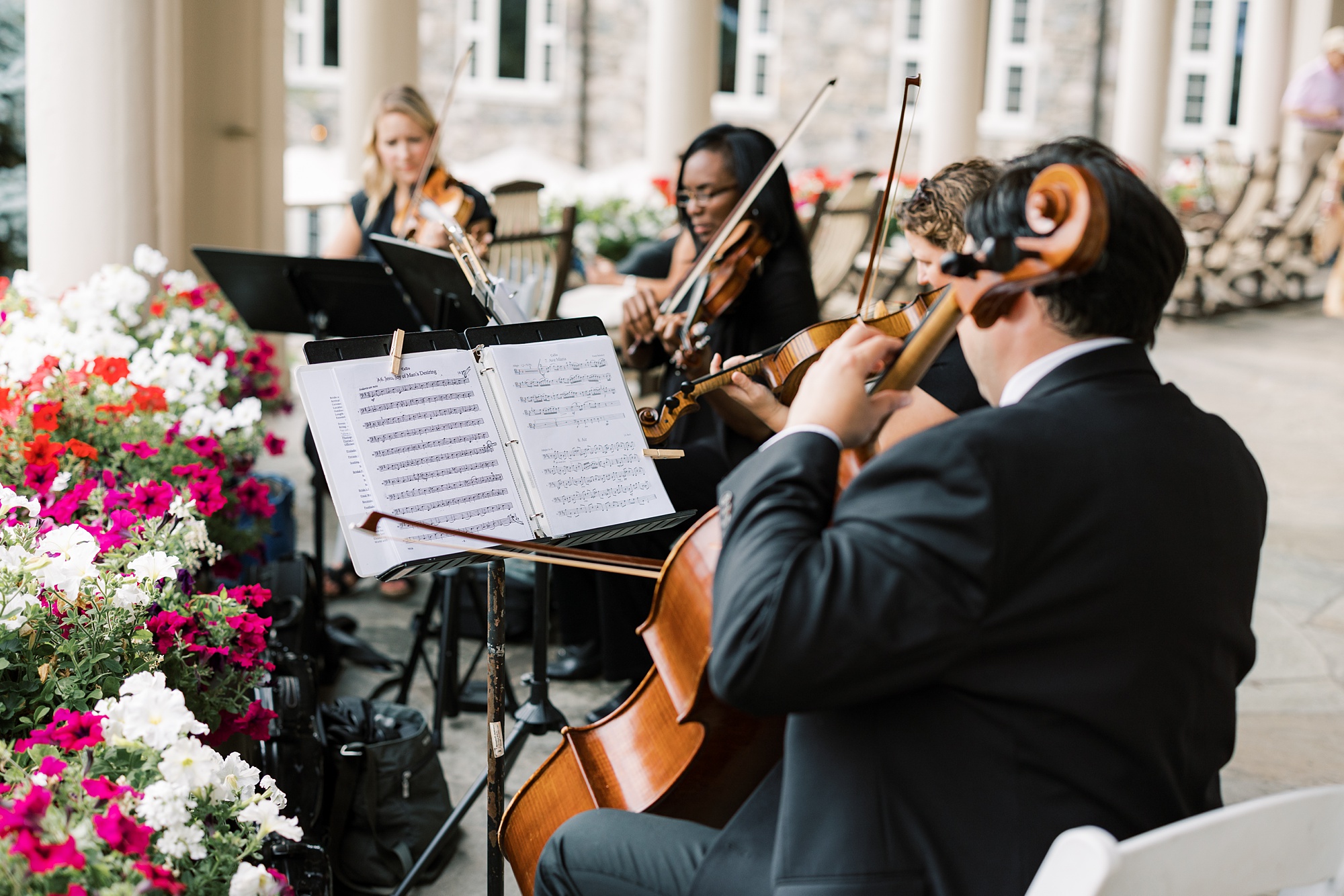 string quartet plays during wedding ceremony on lawn at Skytop Lodge