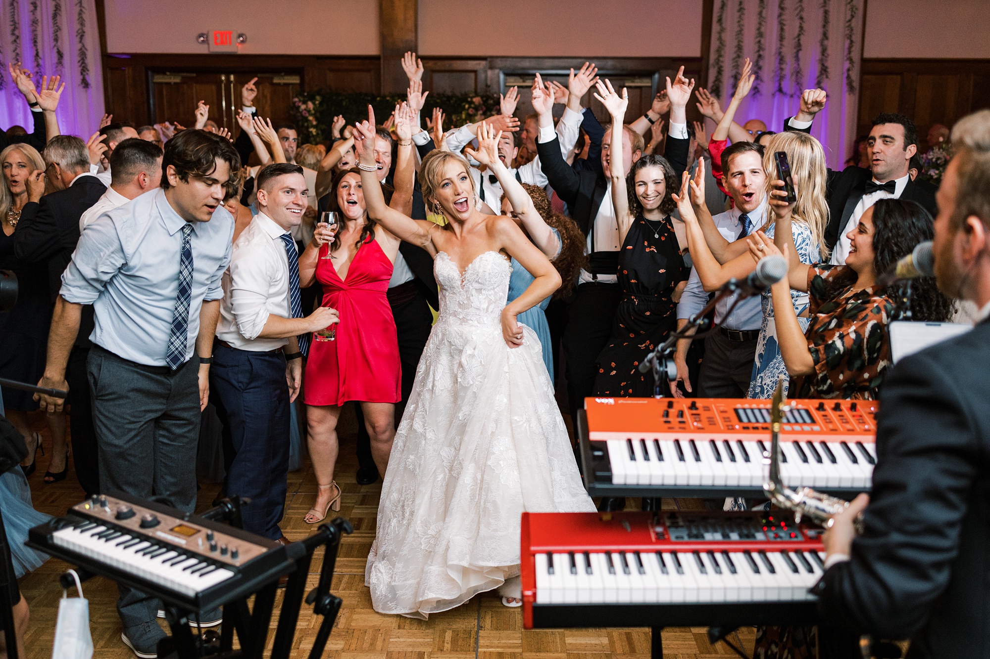 bride and groom dance with guests at Skytop Lodge wedding reception