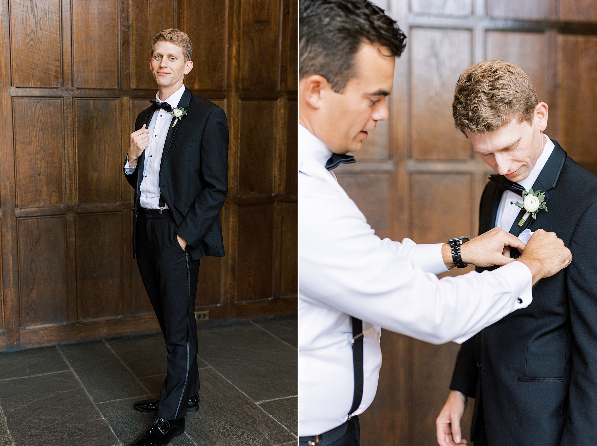groomsman helps groom with boutineere for fall wedding at Aldie Mansion