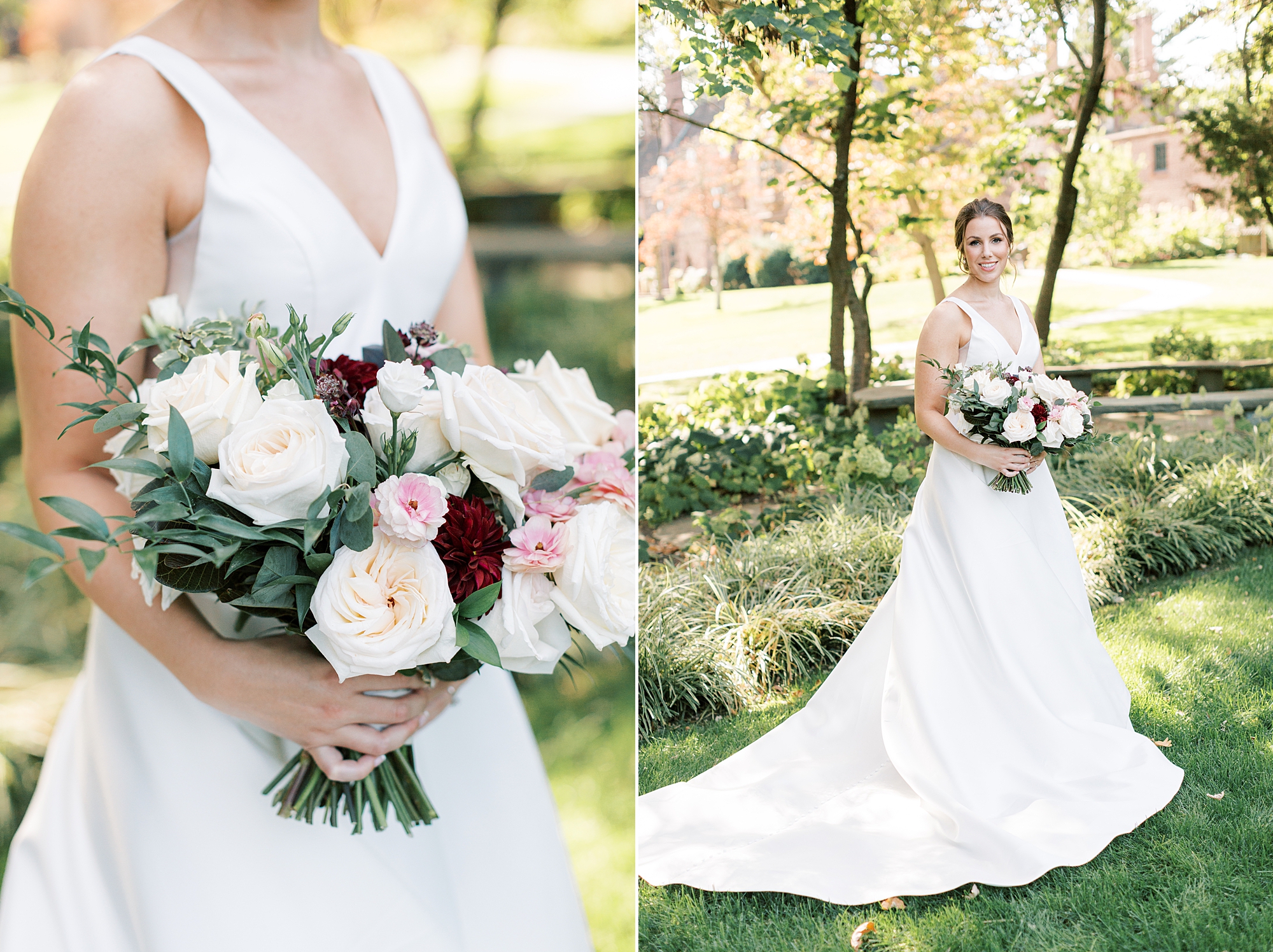 bride holds bouquet of pink, white, and burgundy roses at Aldie Mansion