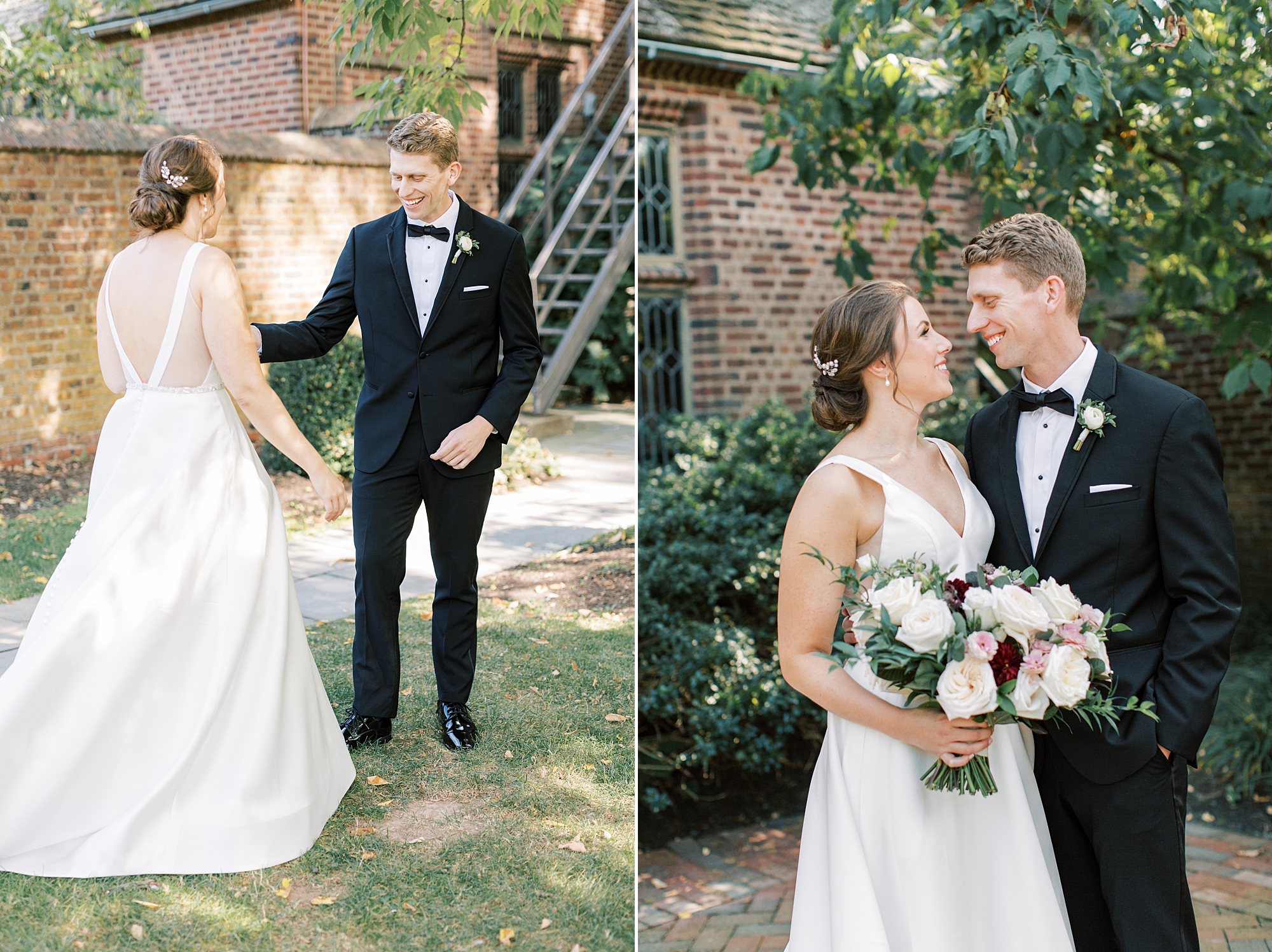 groom reaches for bride during first look in courtyard at Aldie Mansion