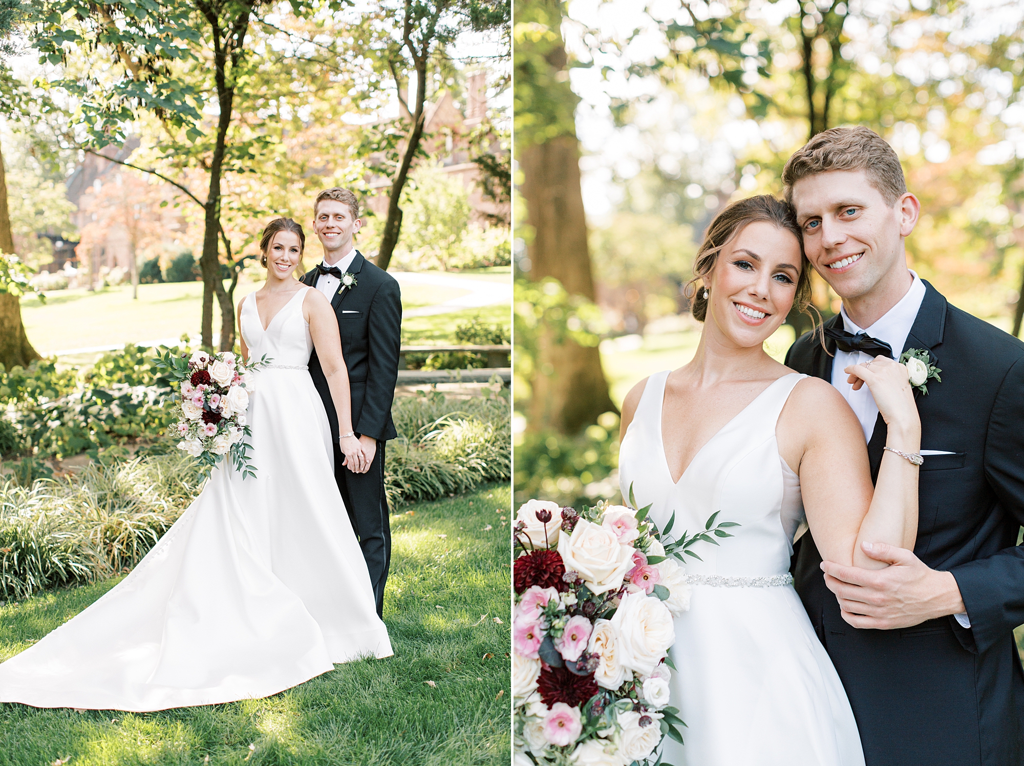 bride leans against groom's chest during fall wedding at Aldie Mansion