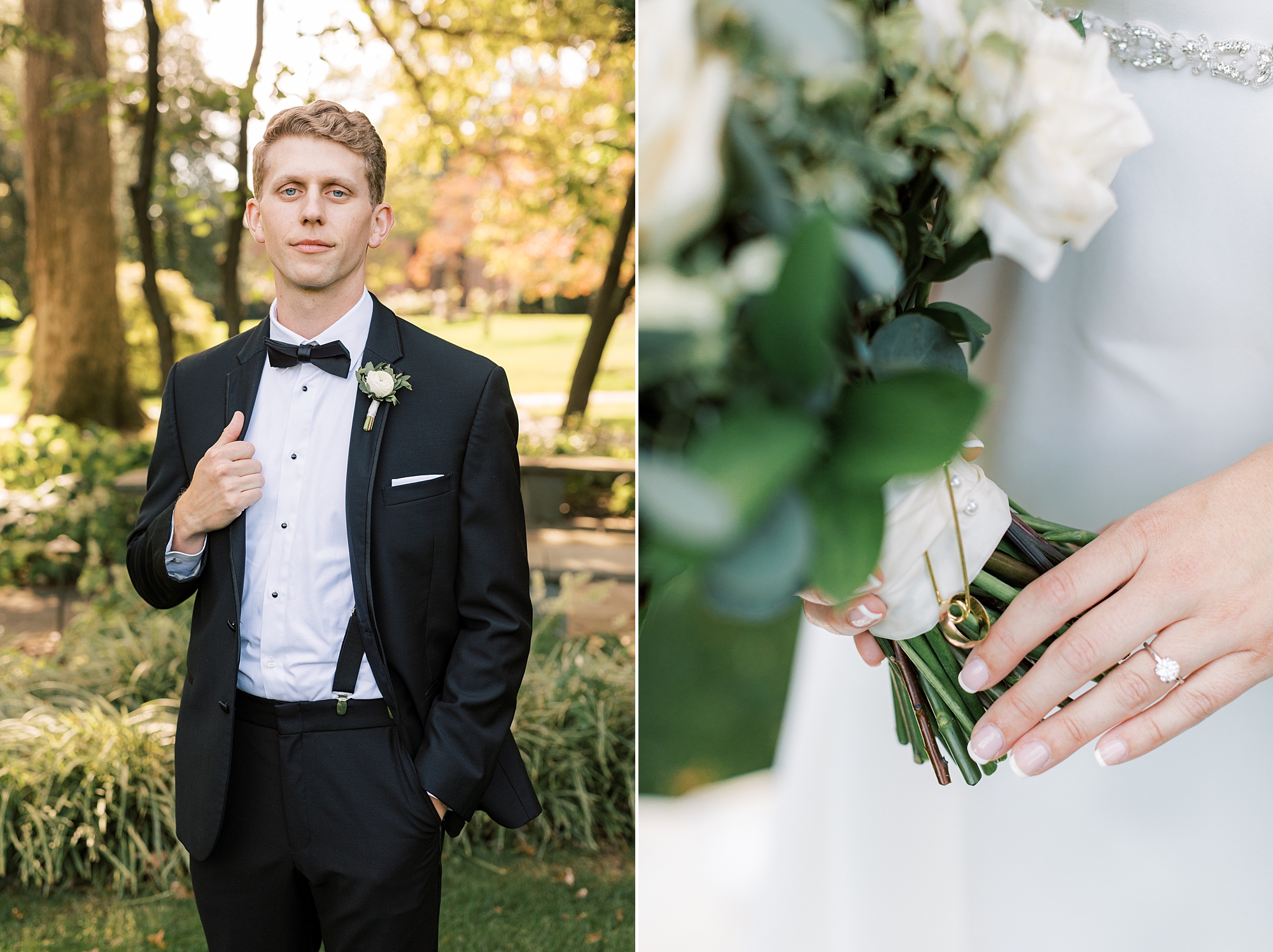 groom stands holding lapel on black suit while bride holds bouquet with charm 