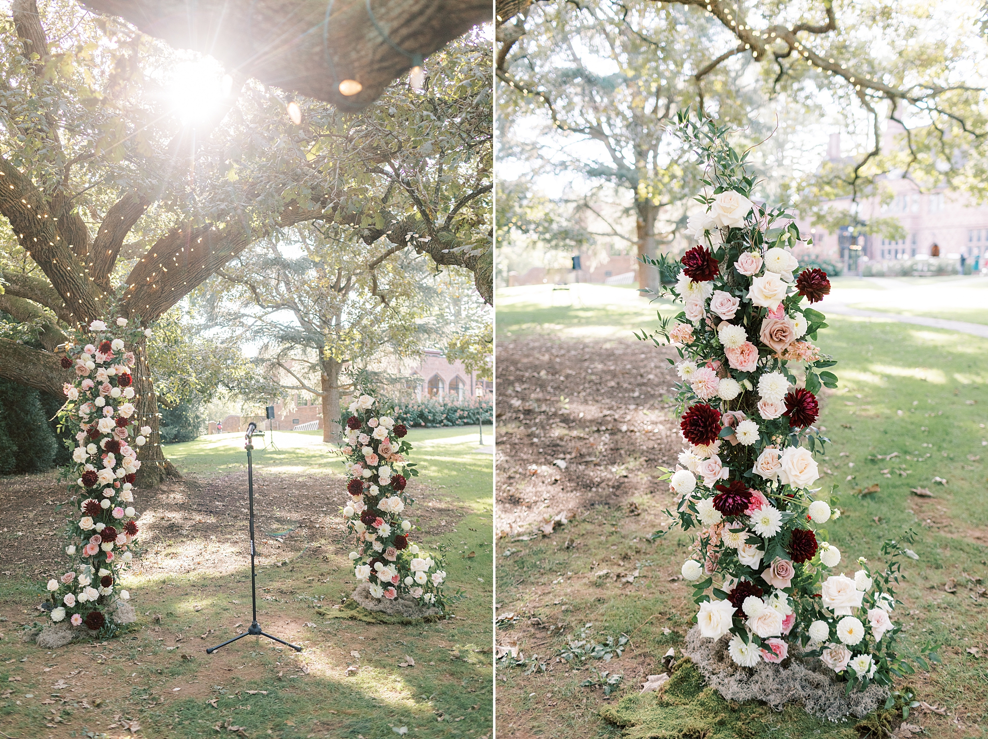 tall floral installation of pink, red, and white flowers on lawn at Aldie Mansion