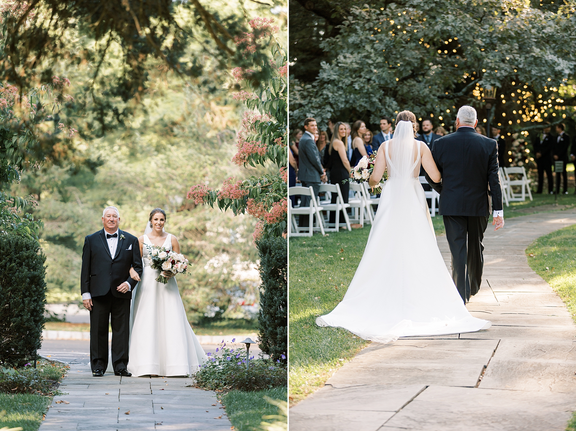 bride walks into wedding ceremony on lawn at Aldie Mansion with father
