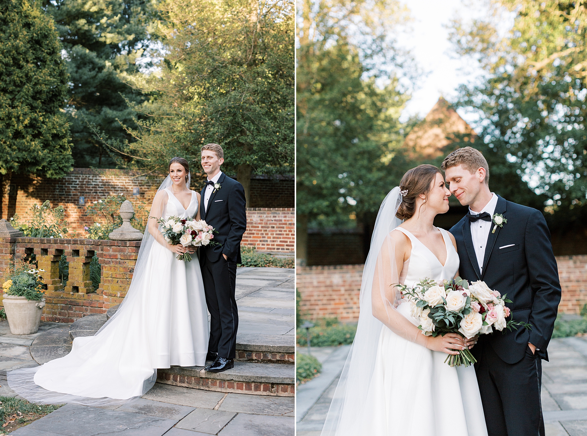 groom hugs bride leaning his head into her forehead at Aldie Mansion