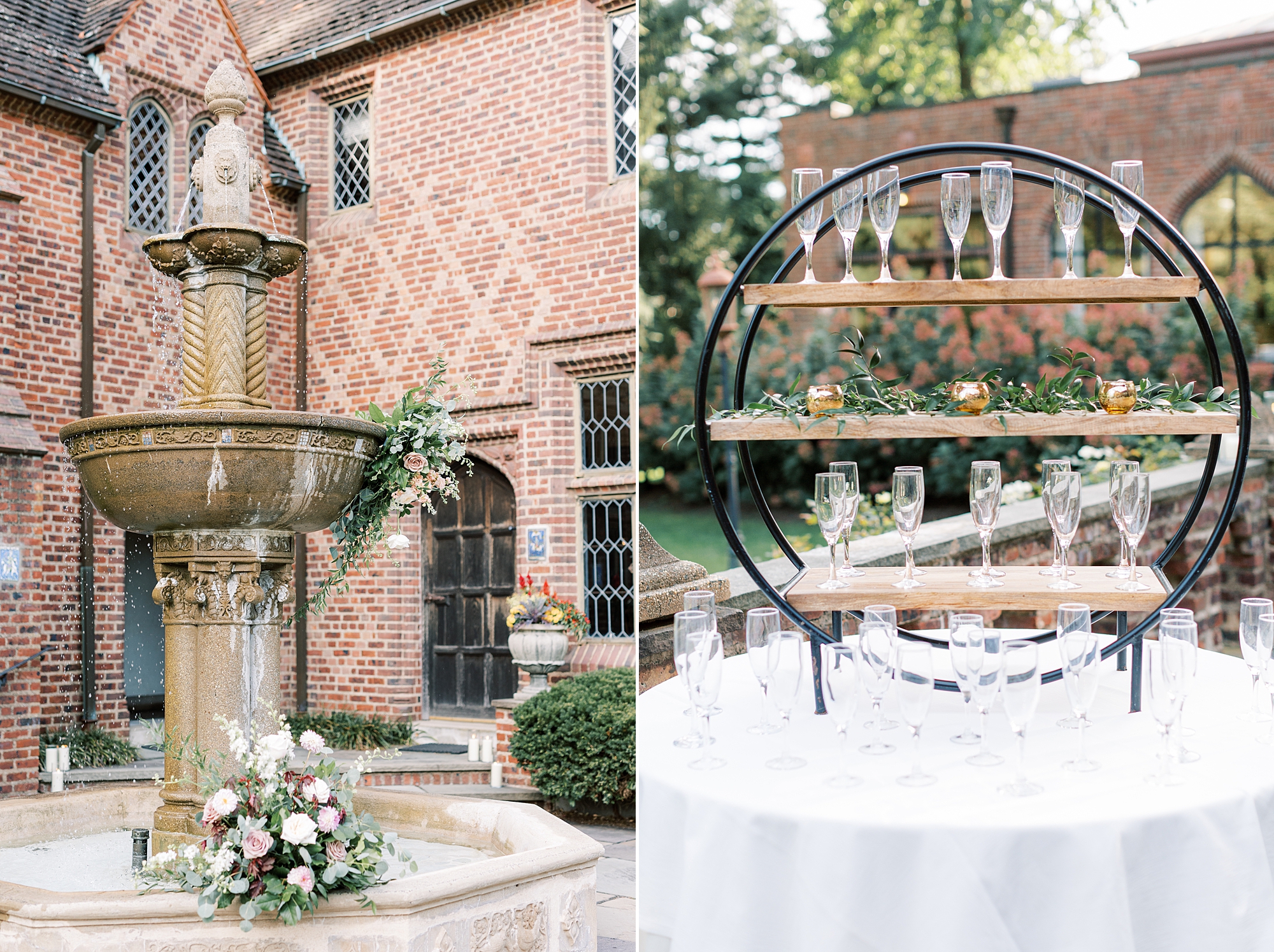 wedding reception and cocktail display on patio at Aldie Mansion