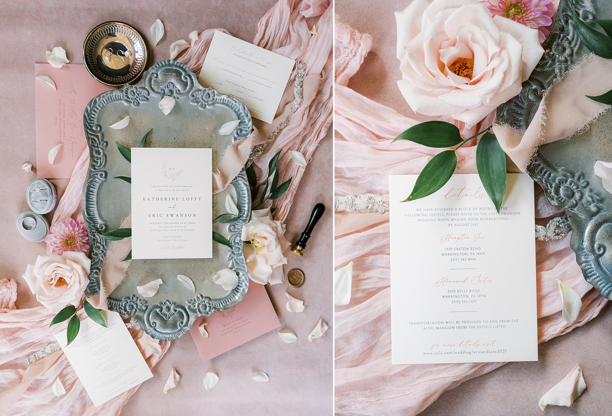 pink and silver tray with invitation suite and jewelry 