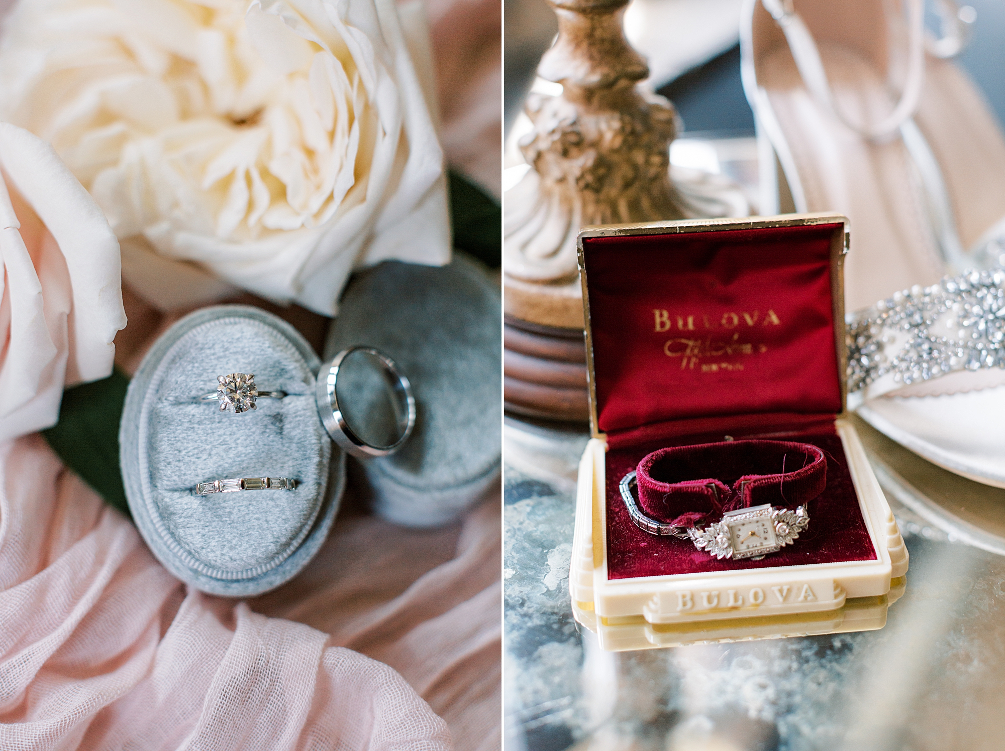 bride's rings rest in blue ring box for Aldie Mansion wedding 