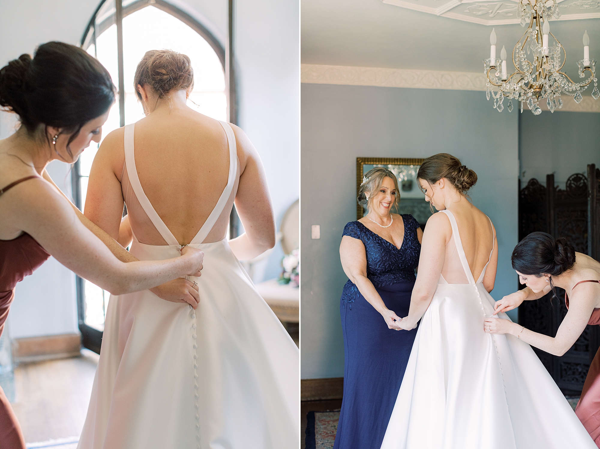 bridesmaids and mom help bride into wedding dress with buttons at Aldie Mansion