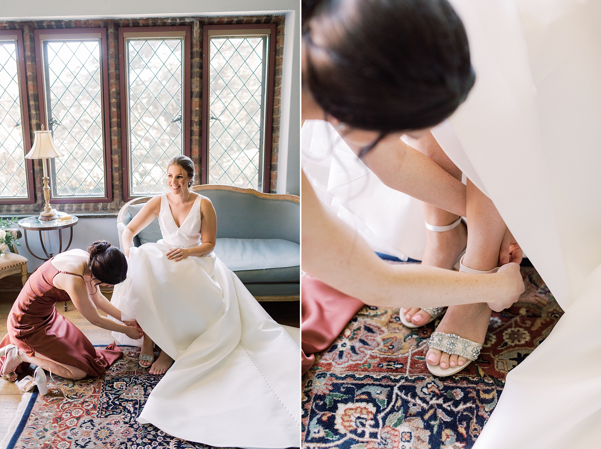 bridesmaid helps bride with shoes before Aldie Mansion wedding day