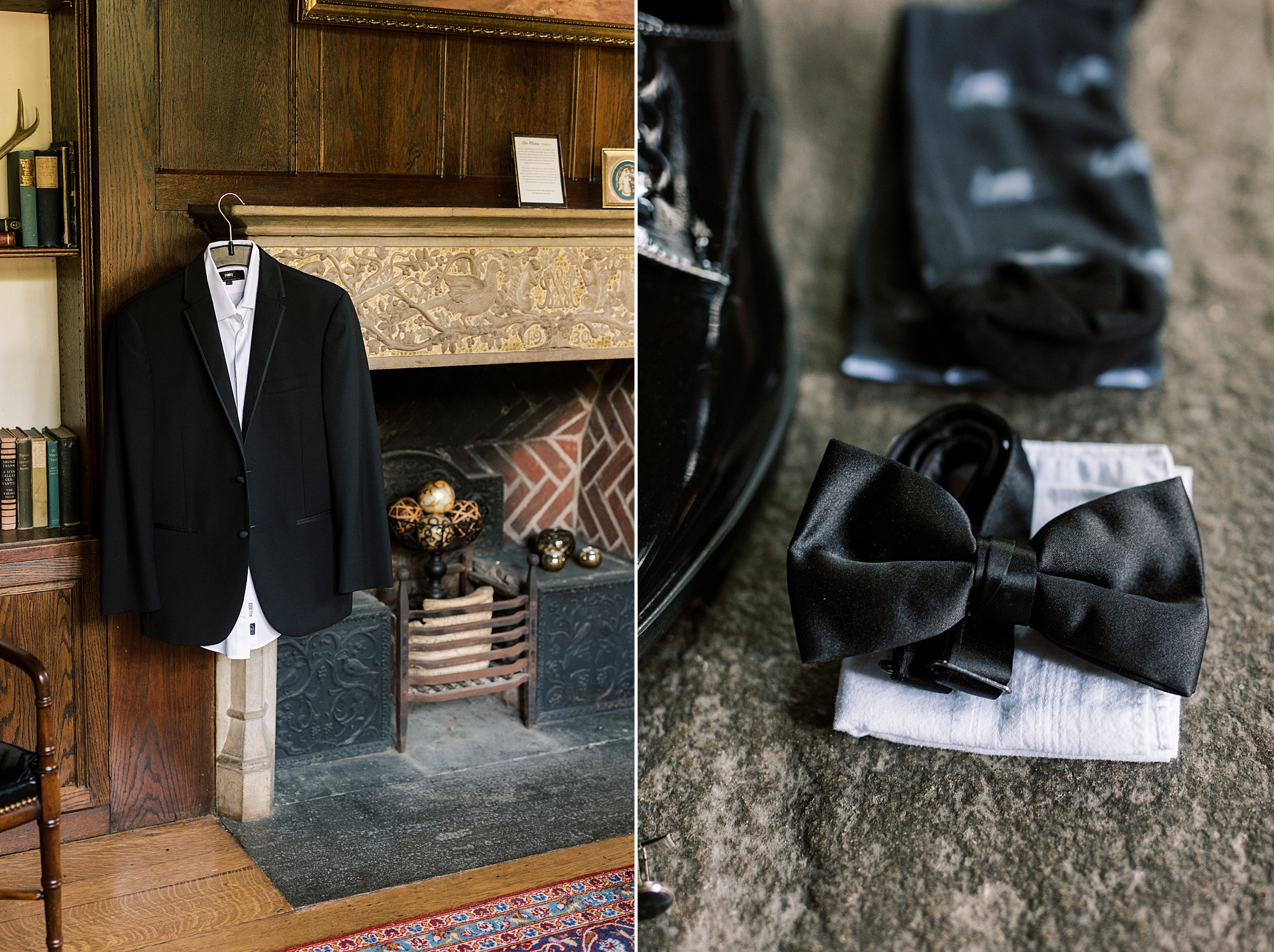 groom's suit and shoes rest in suite at Aldie Mansion
