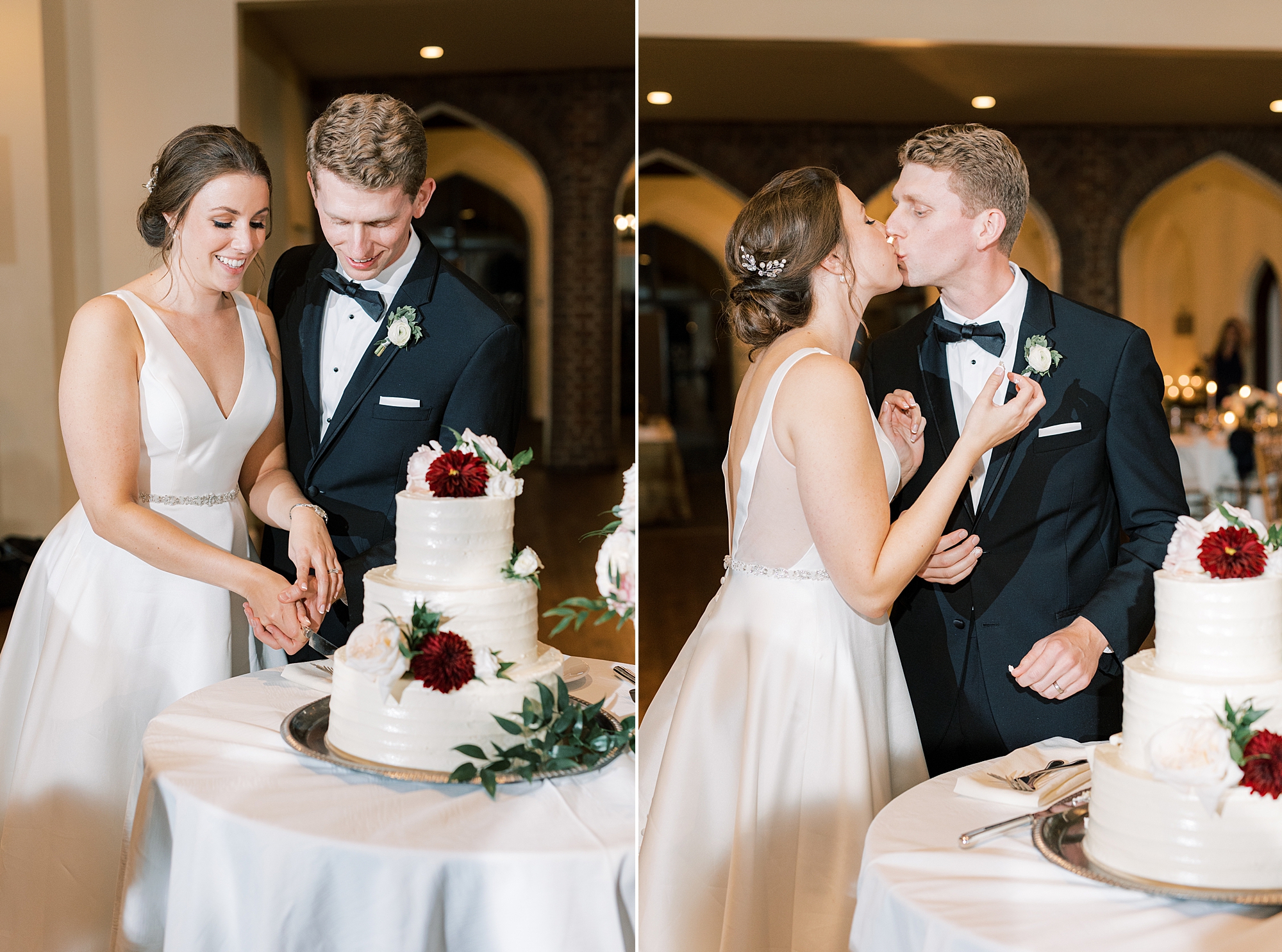 bride and groom kiss by wedding cake at Aldie Mansion