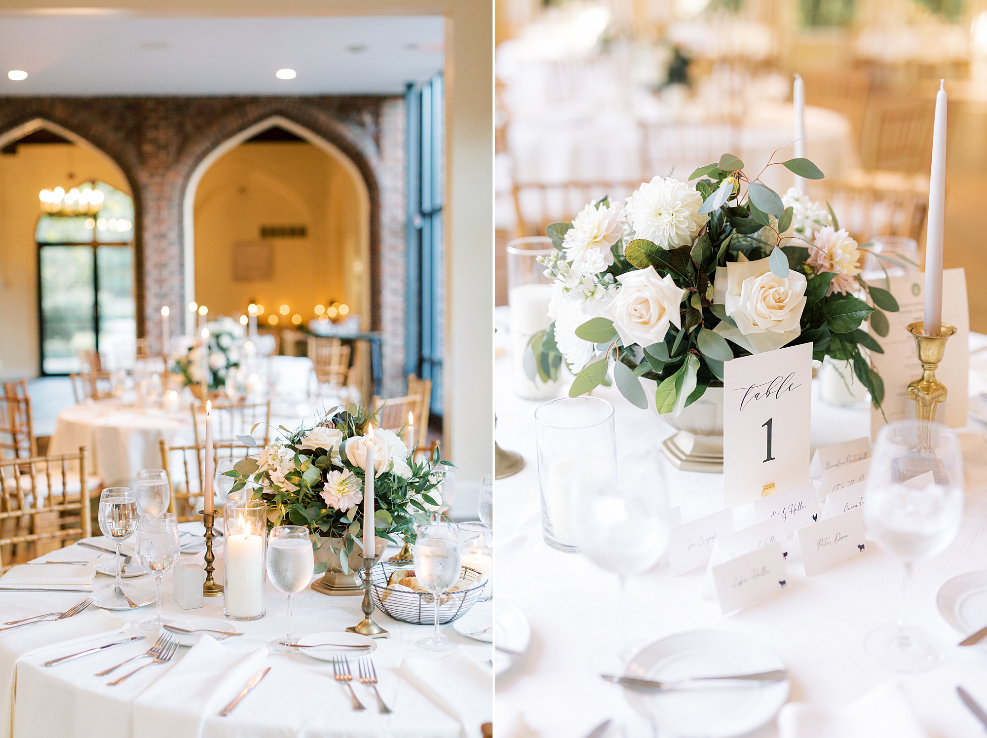 wedding reception at Aldie Mansion with ivory flowers