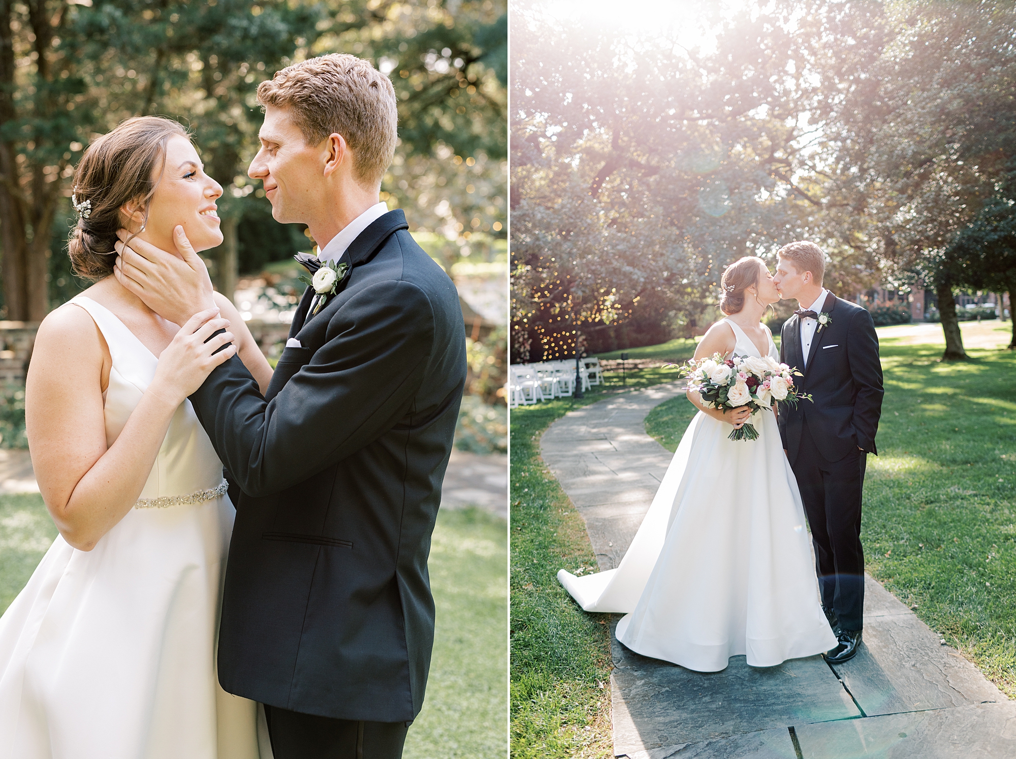 bride and groom hug with sunset at Aldie Mansion