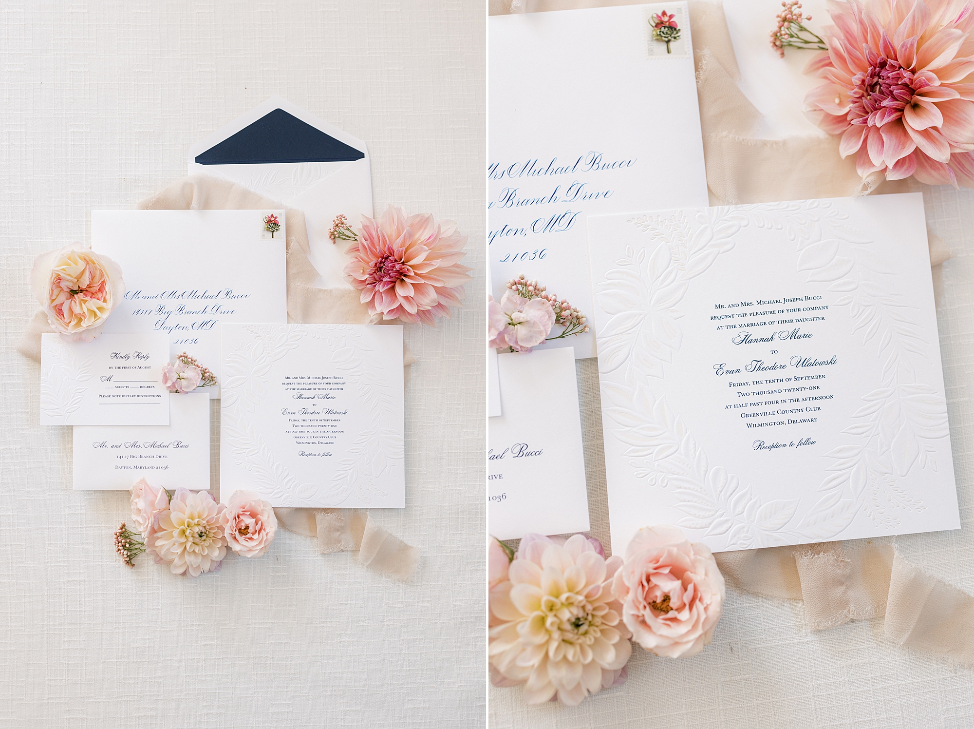 stationery with navy inner envelope and peach flowers