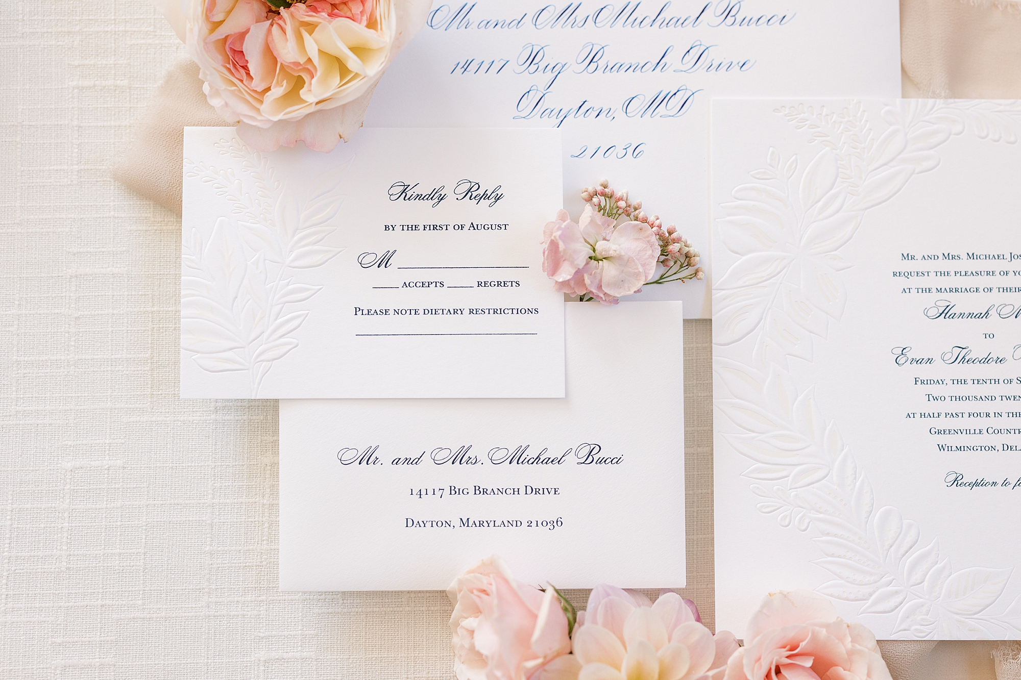 calligraphy in navy ink on envelope for fall wedding