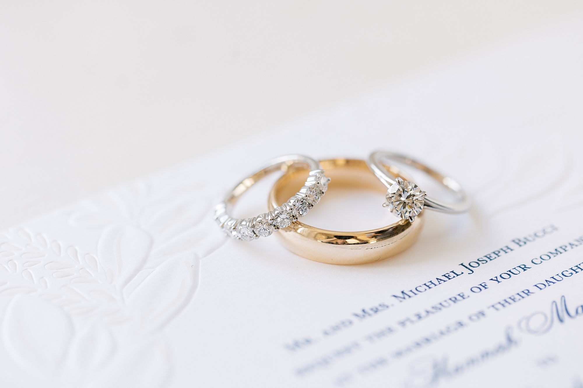 wedding bands rest on classic invitation suite at Greenville Country Club