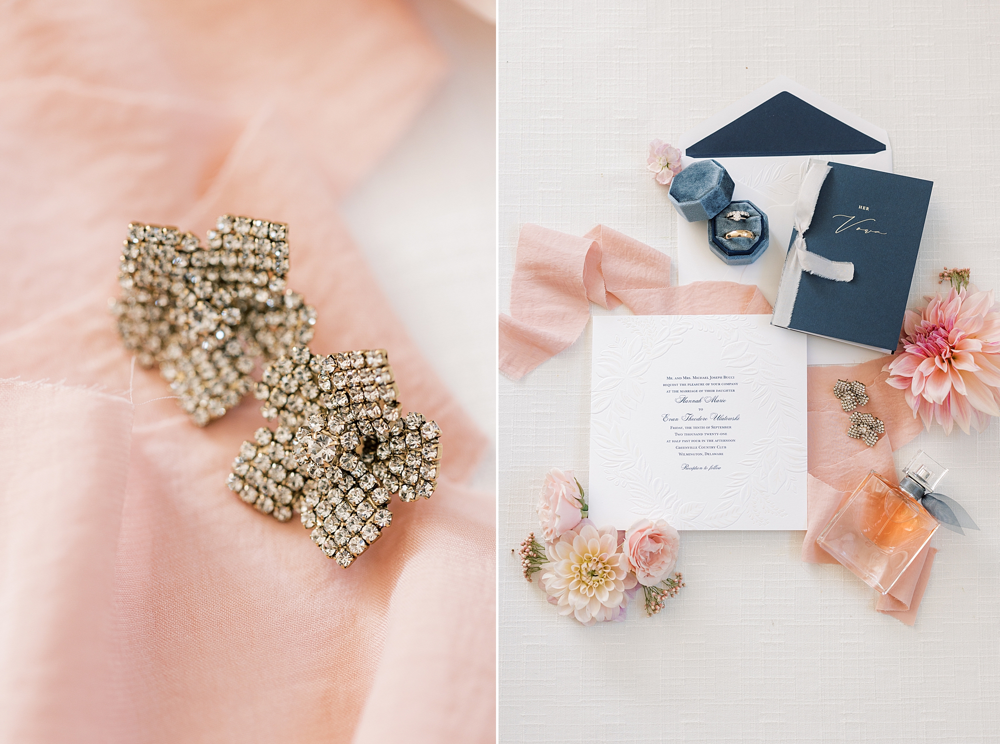 bride's jewelry lays on pink ribbon before Greenville Country Club wedding