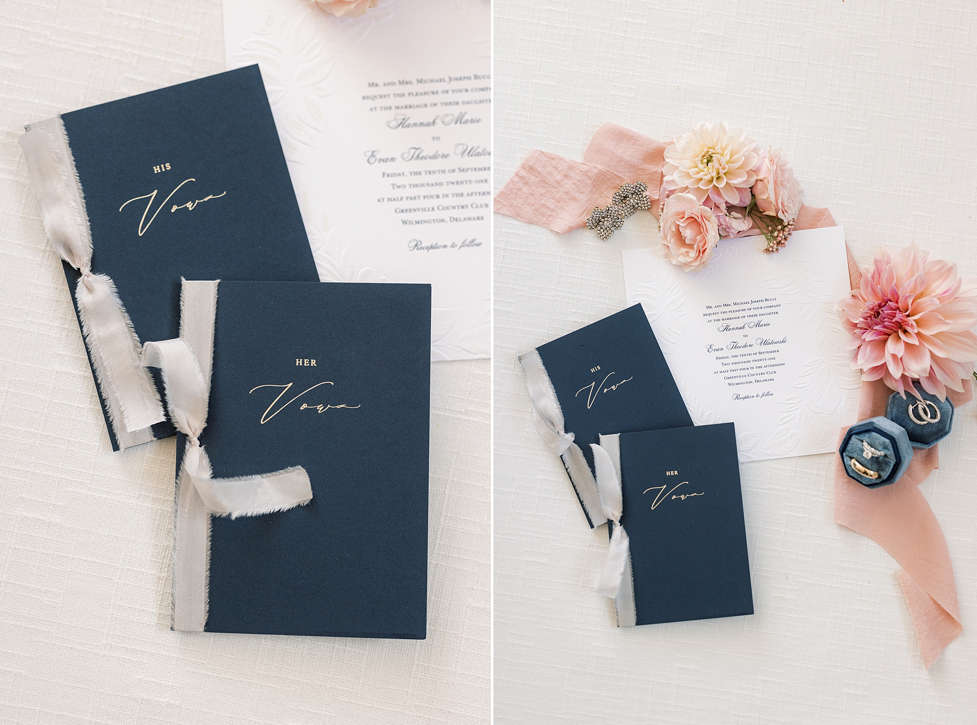 stationery and navy vow booklets for fall Greenville Country Club wedding