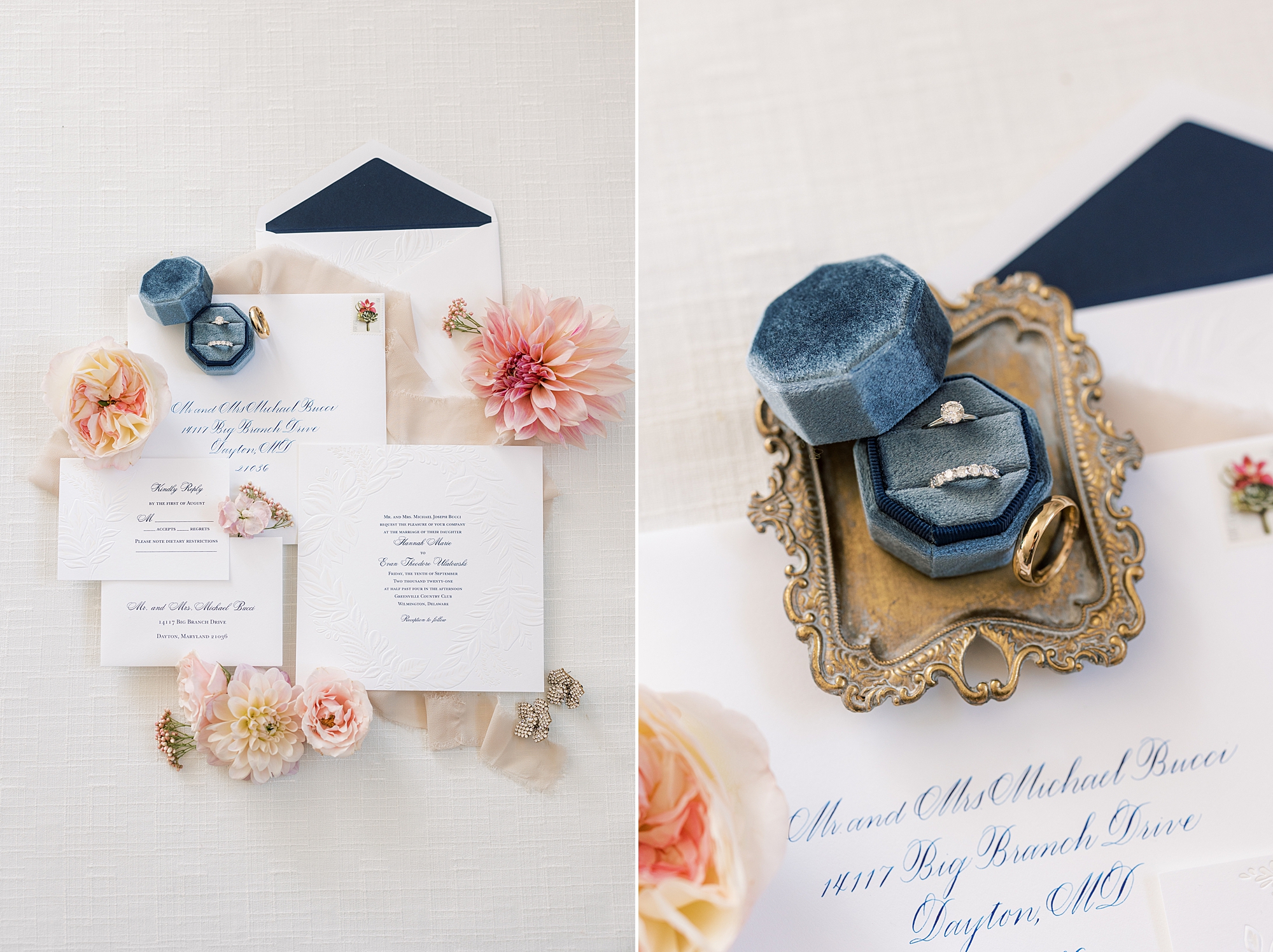 bride's rings rest in navy ring box on gold tray before Greenville Country Club wedding
