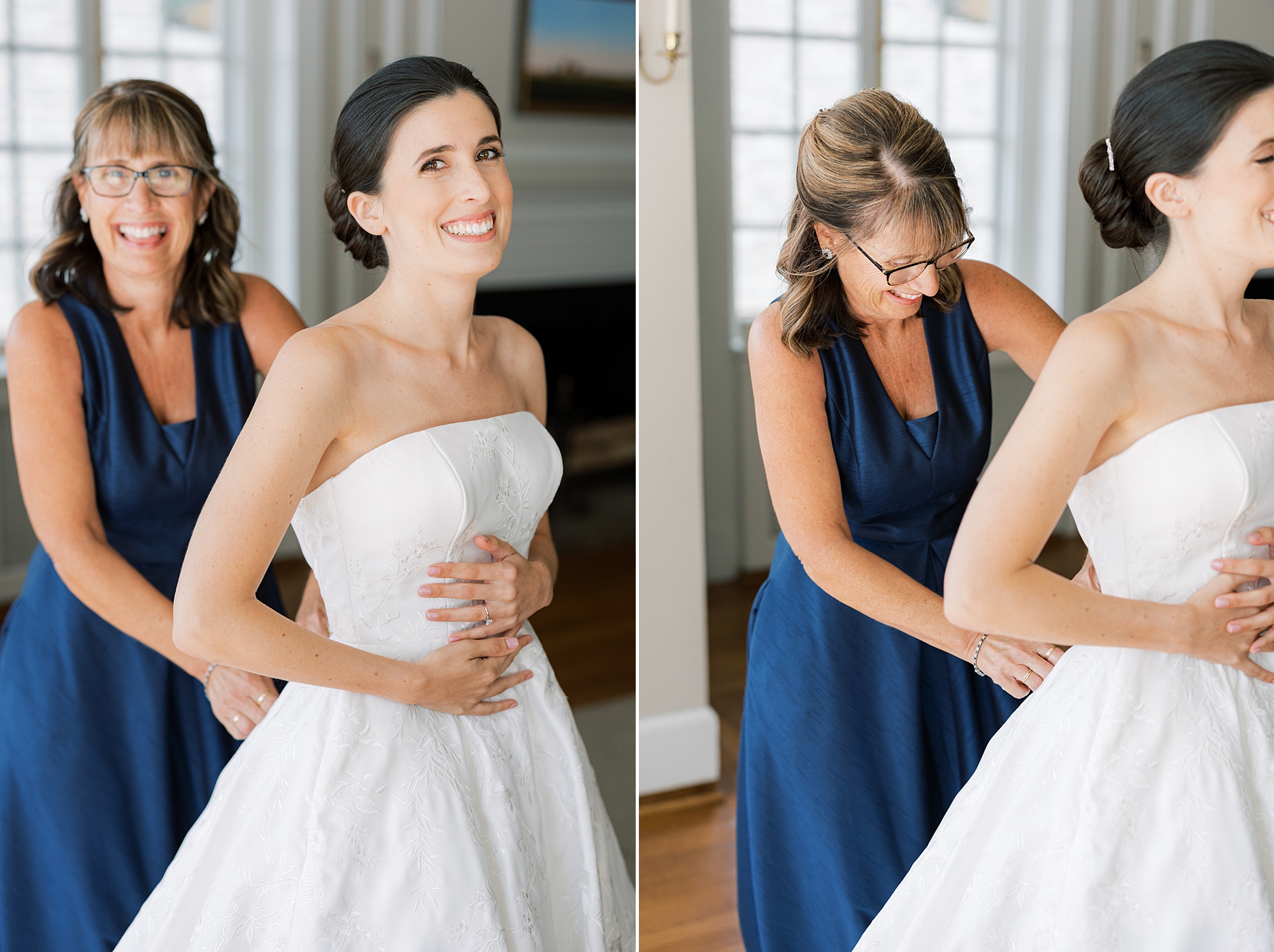 mother in blue dress helps bride not wedding dress