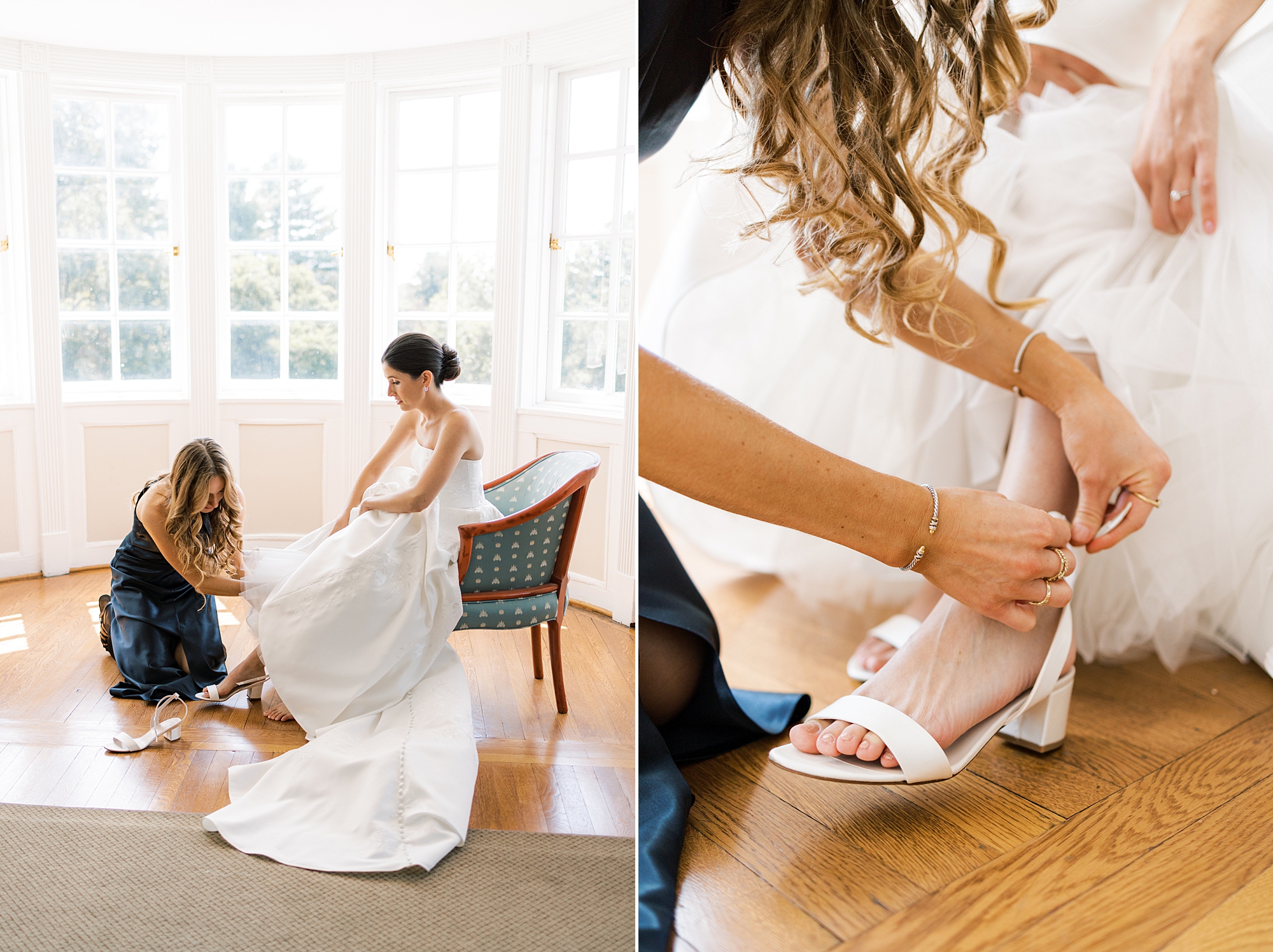 bridesmaid helps bride into shoes for Greenville Country Club wedding 