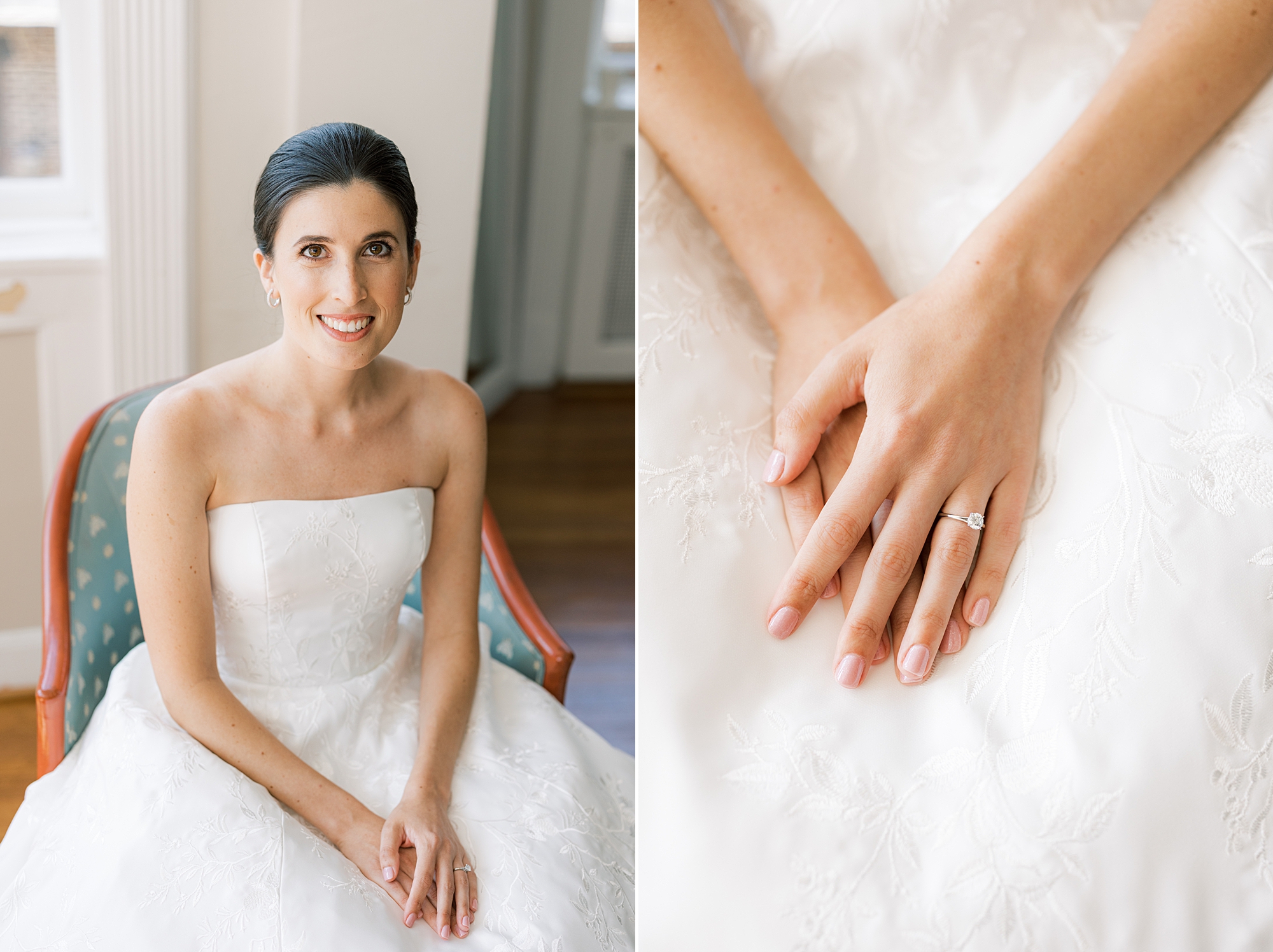 bride sits with hands in lap showing off engagement ring