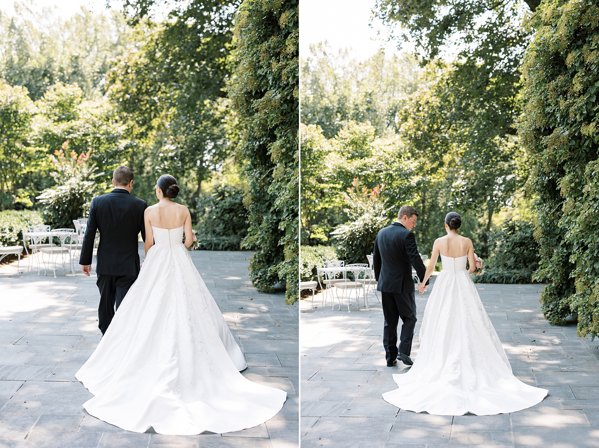 newlyweds hold hands walking down pathway at Greenville Country Club