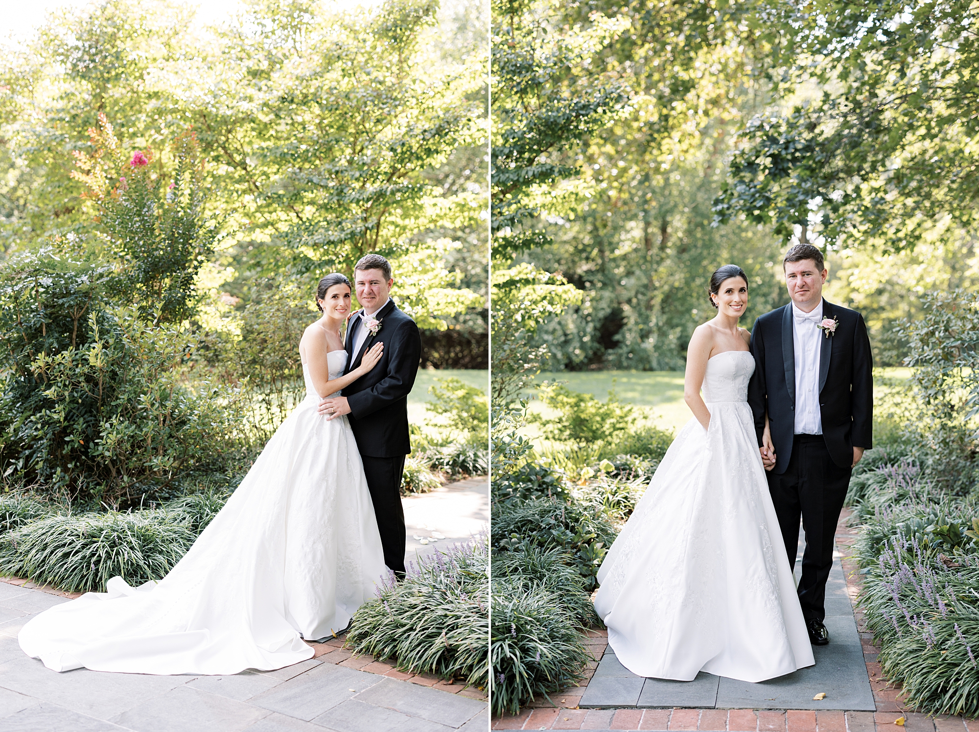newlyweds stand in gardens at Greenville Country Club holding hands 