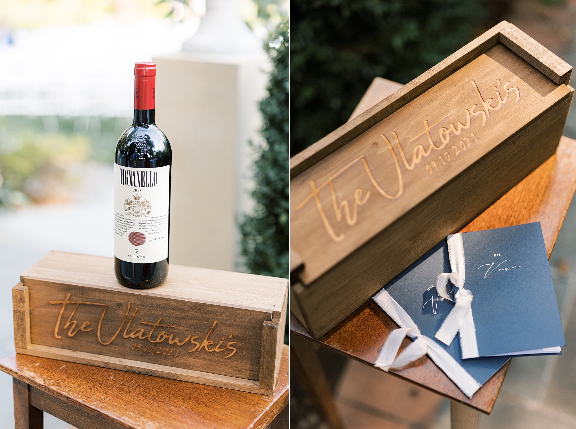 couple's wine bottle in wooden box with custom vow booklets 