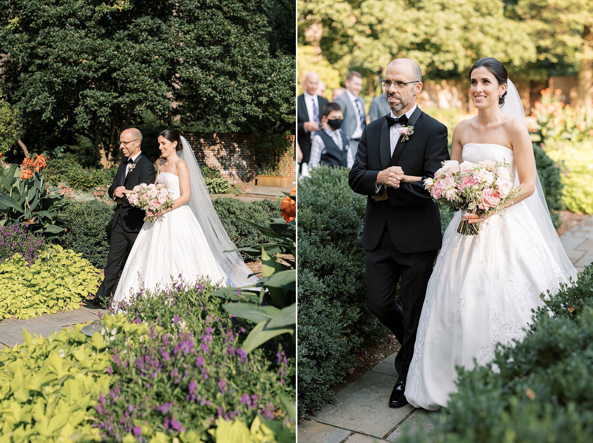brother walks bride down aisle for ceremony in gardens at Greenville Country Club