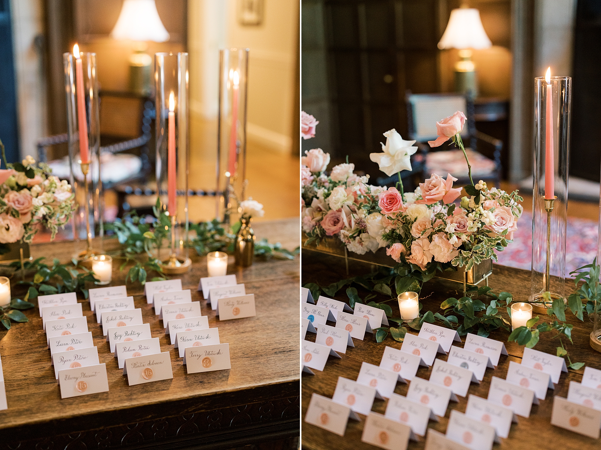 seating cards and gold candles for classic reception at Greenville Country Club