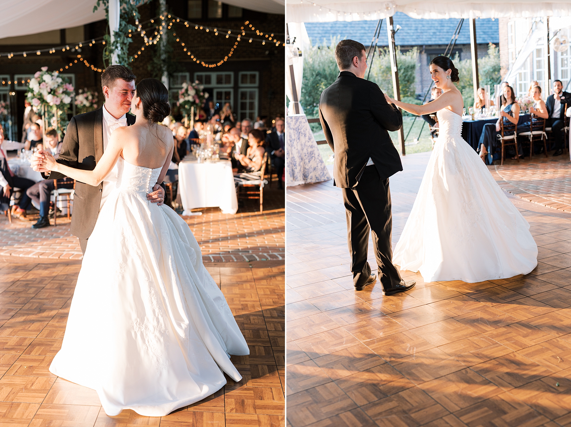 newlyweds dance on dance floor under tent at Greenville Country Club