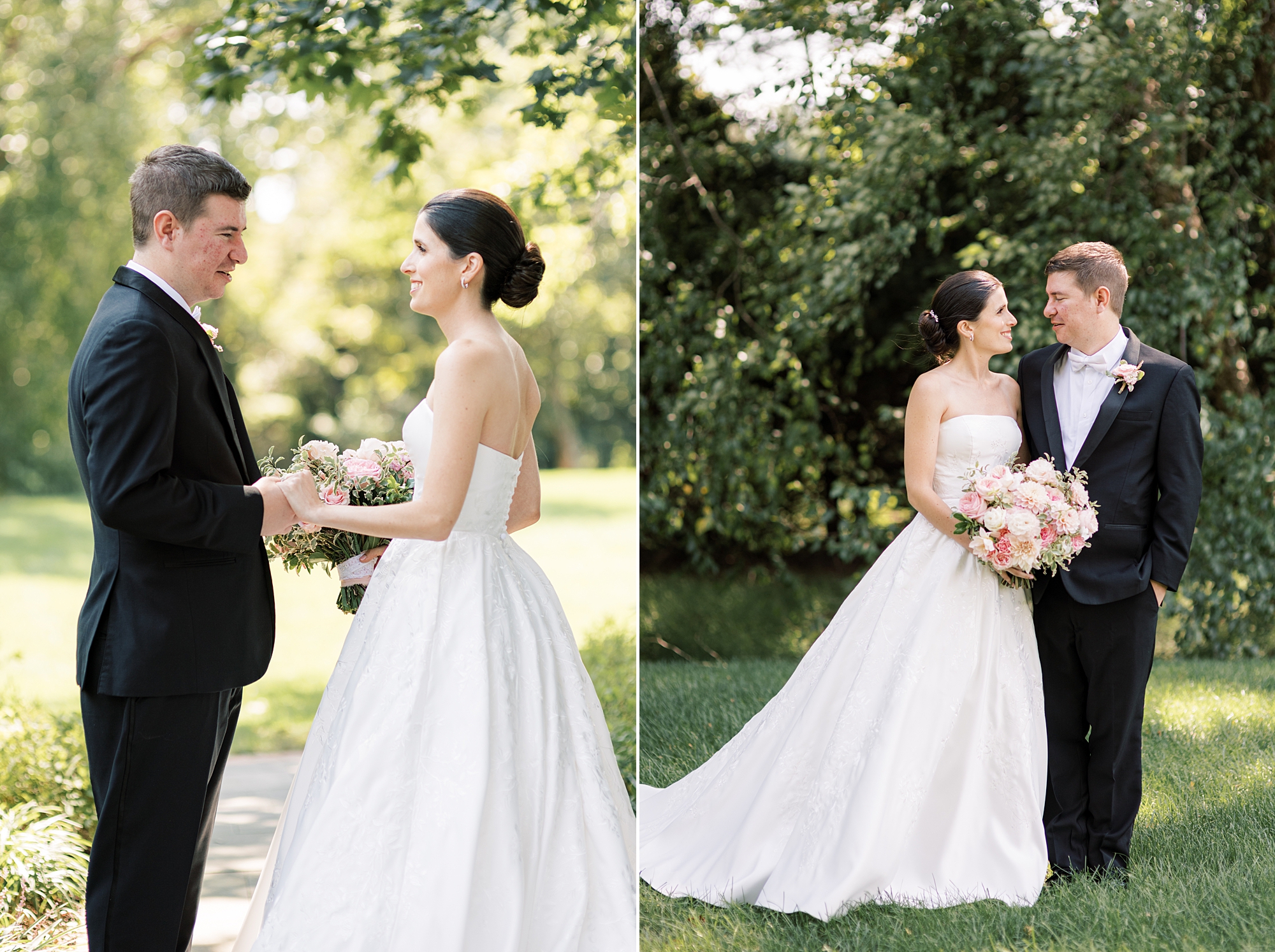 bride and groom smile on lawn during portraits at Greenville Country Club