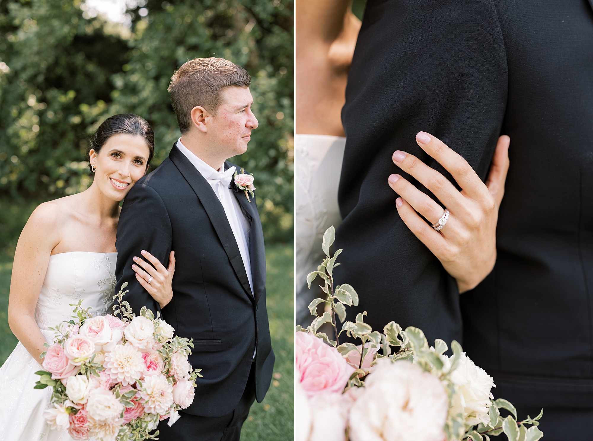 bride holds groom's arm in black suit while holding pink and white floral bouquet 