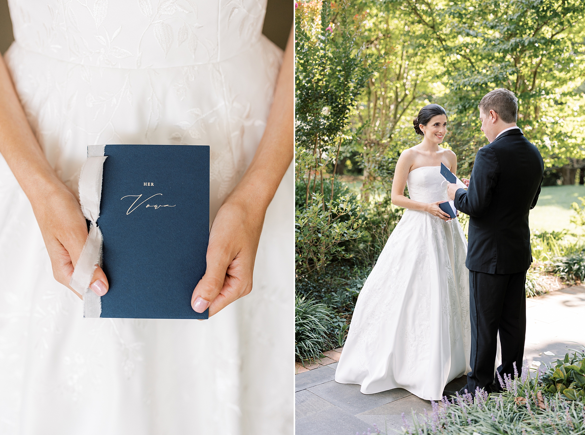 bride holds navy vow booklet in garden at Greenville Country Club
