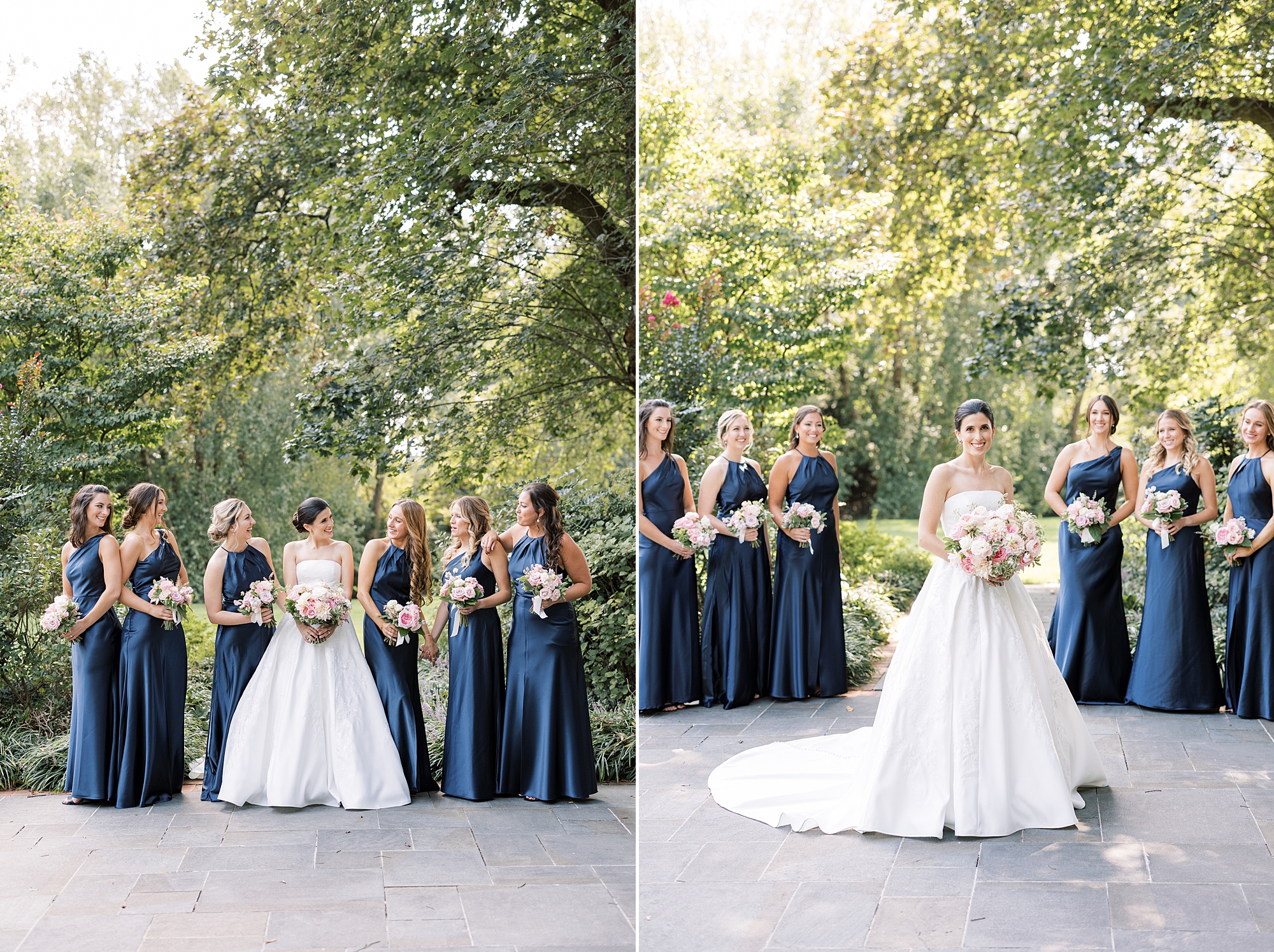 bride smiles with bridesmaids in navy gowns at Greenville Country Club