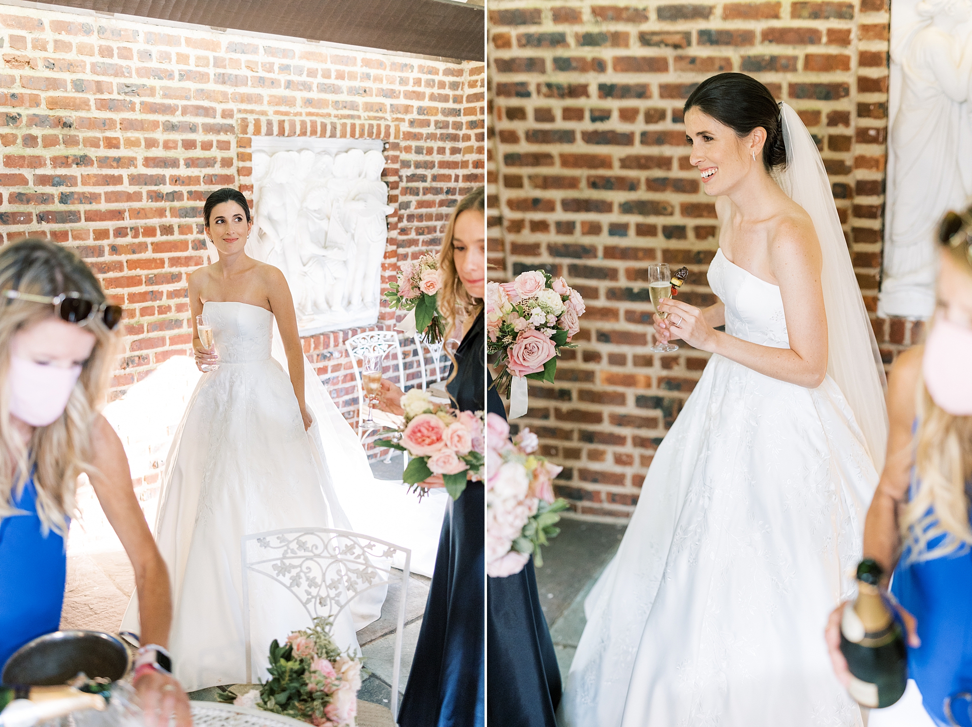 bridesmaids help bride with dress before wedding reception 