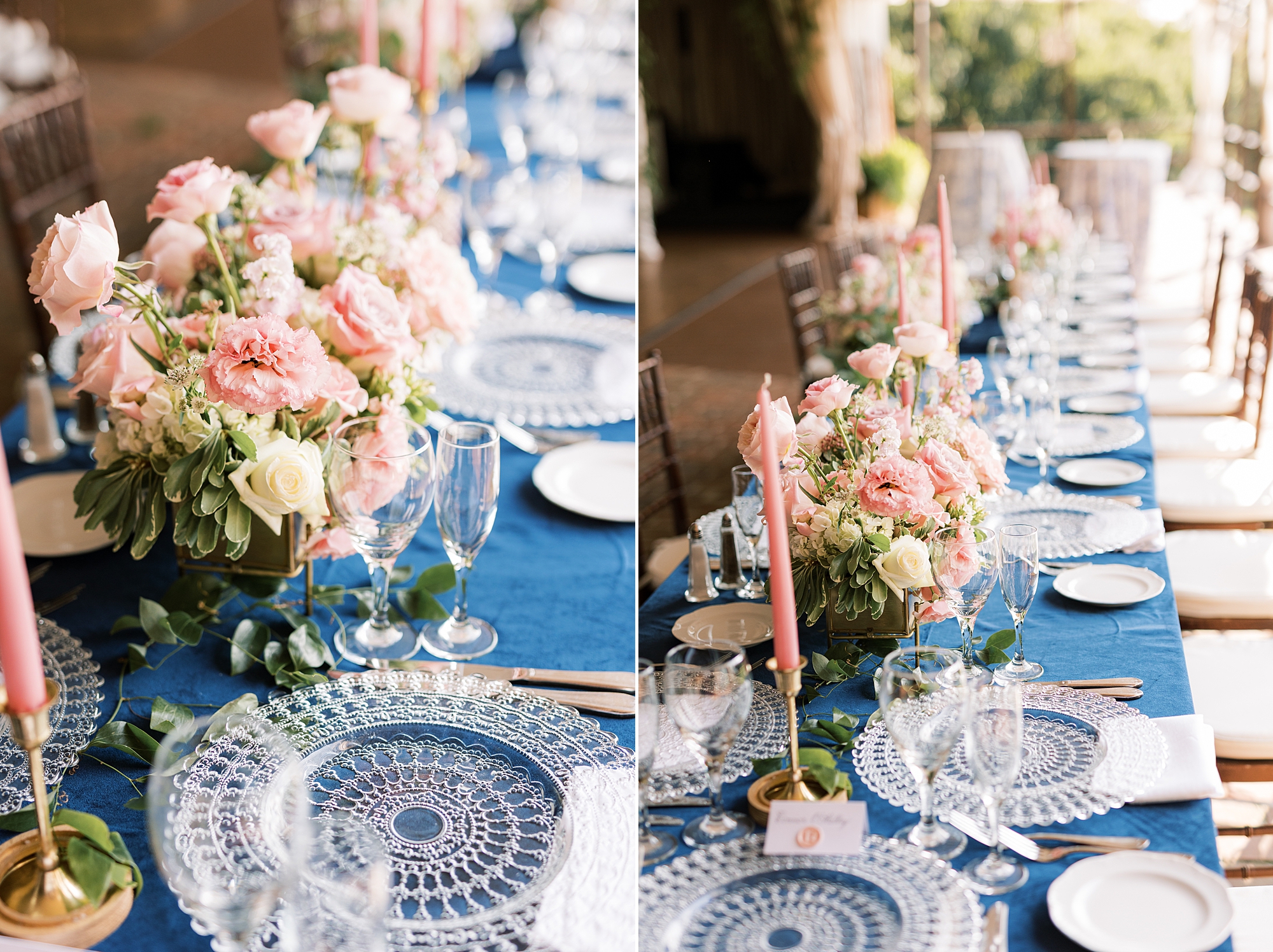 wedding reception with pink and white florals and navy tablecloth 