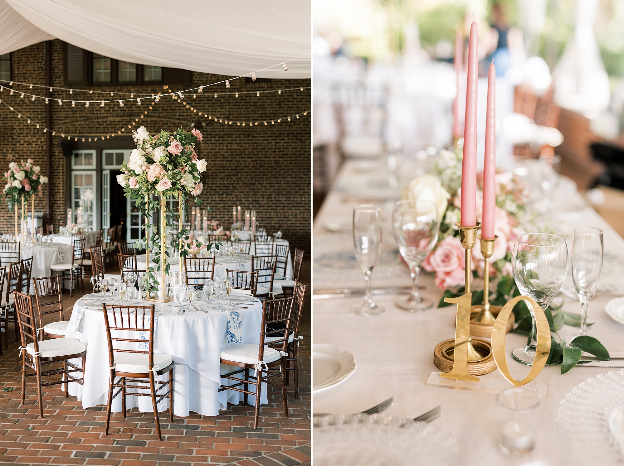 tented wedding reception outside Greenville Country Club with pink and gold details 
