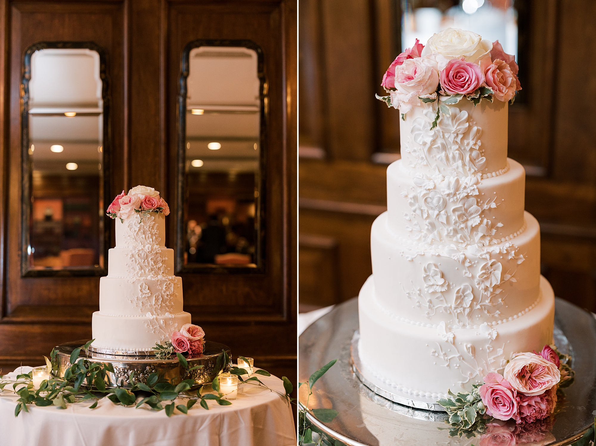 tiered wedding cake with pink and white flowers 