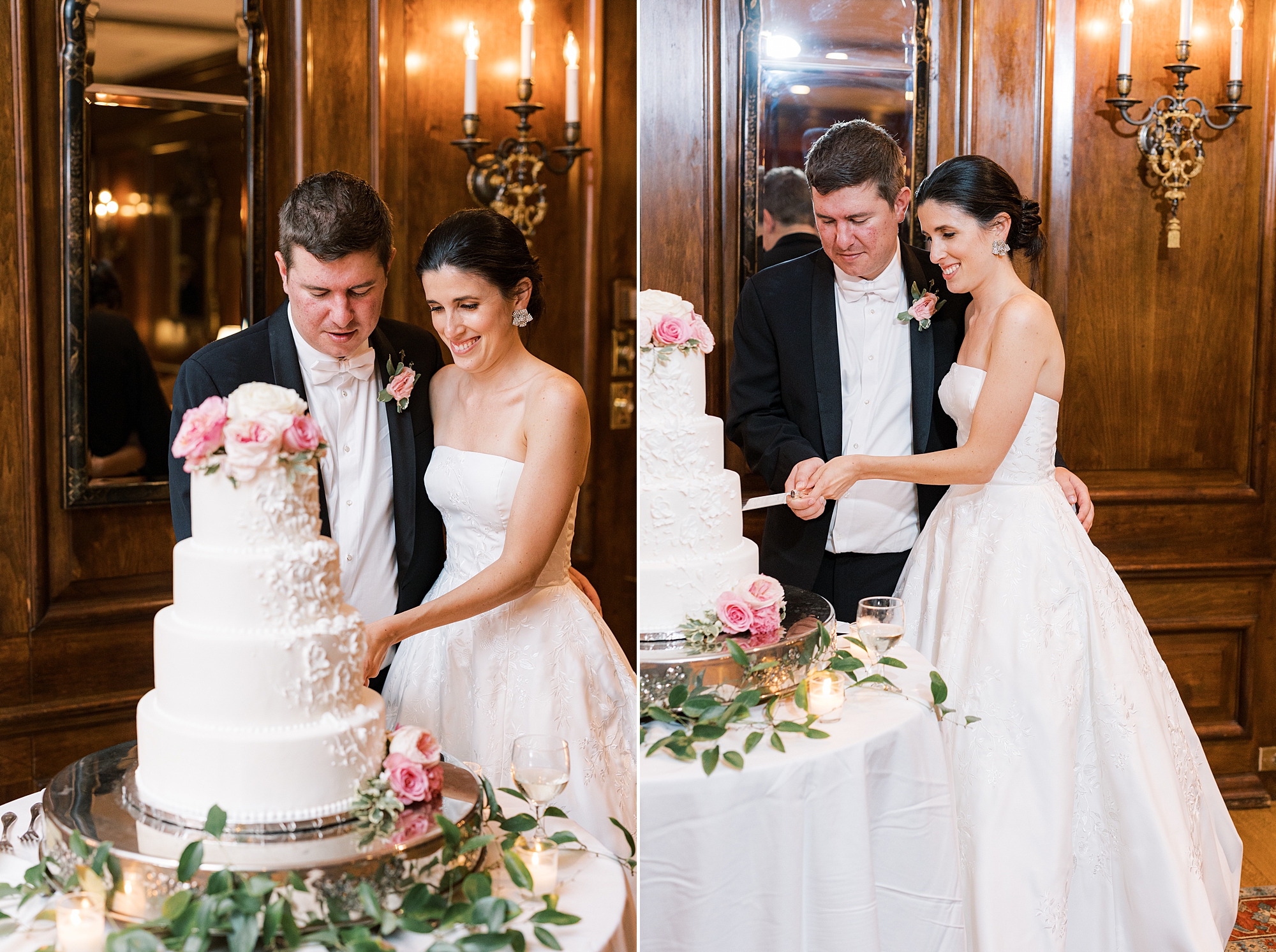 newlyweds cut wedding cake at Greenville Country Club