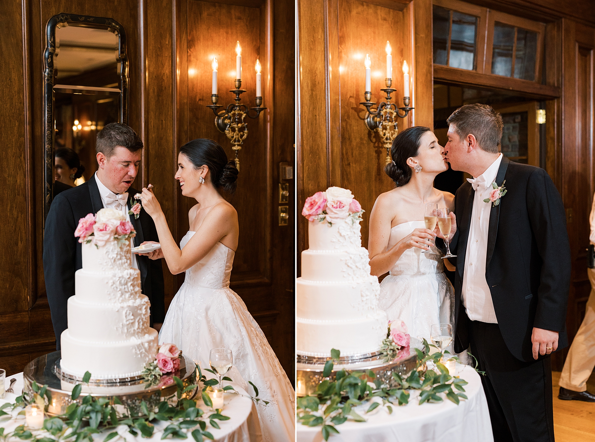 bride and groom feed each other cake during Greenville Country Club wedding reception 