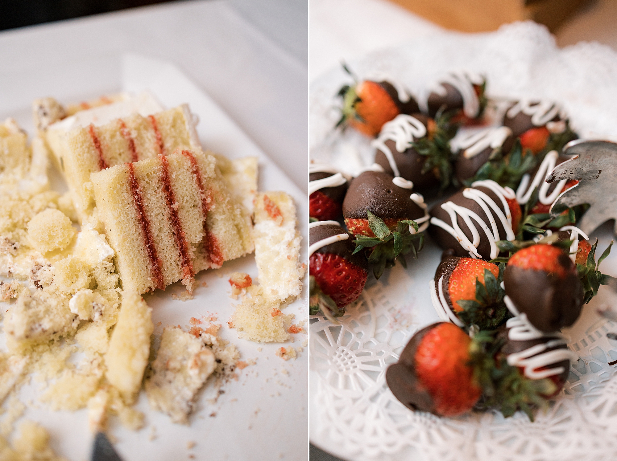 cake and chocolate covered strawberries at Greenville Country Club wedding reception 