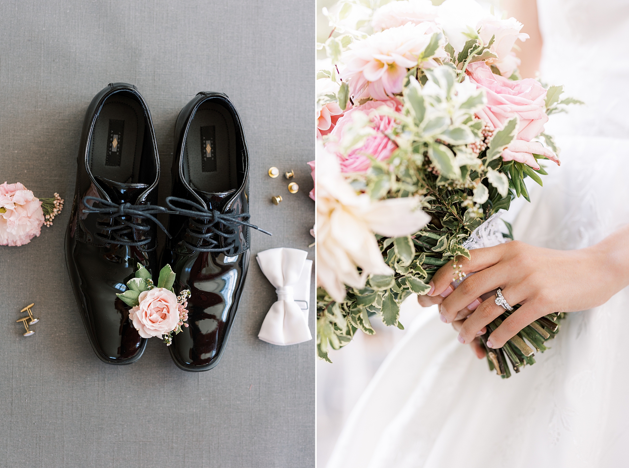 bride holds bouquet of pink flowers and groom's black shoes 